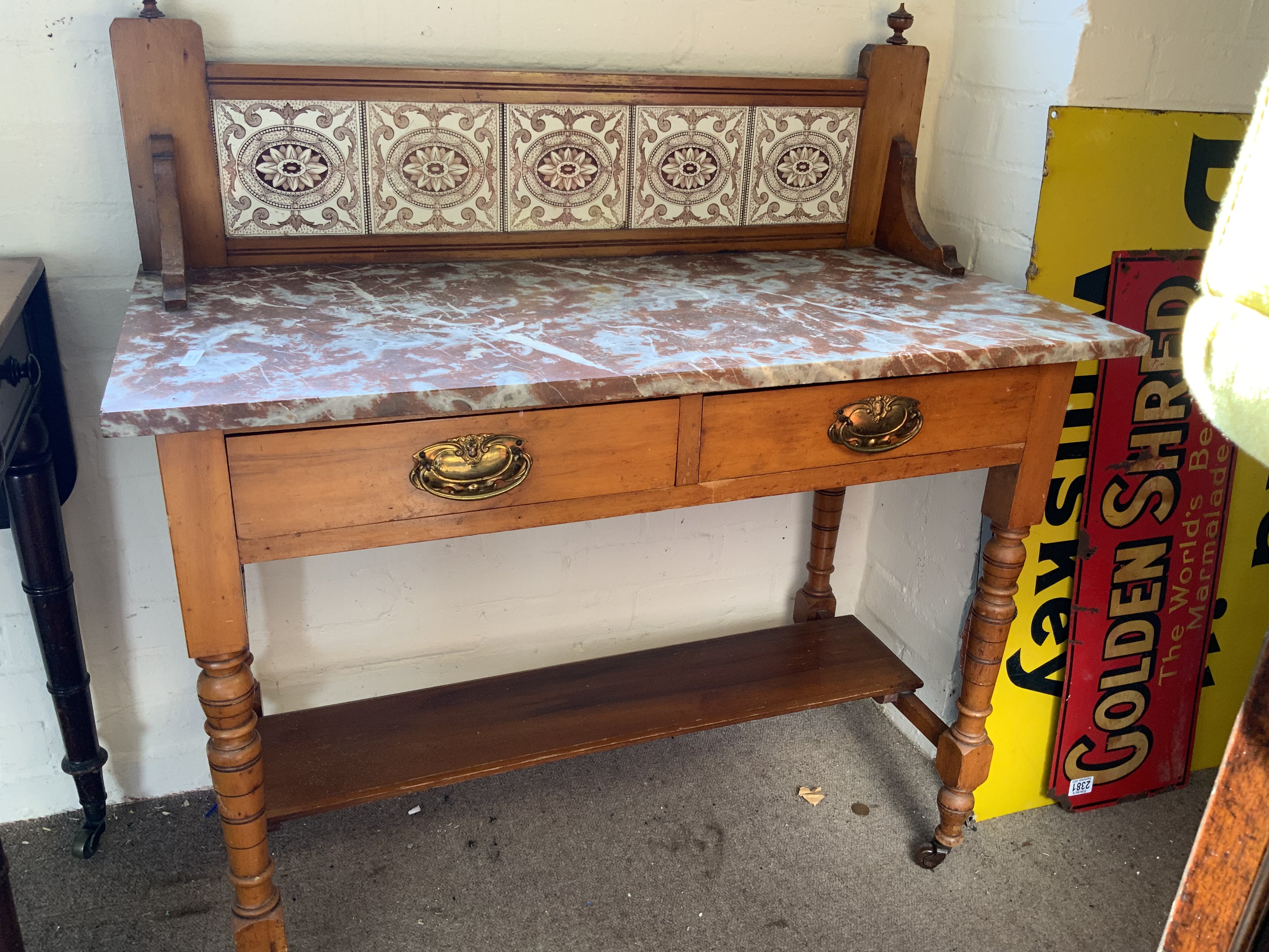 A vintage marble topped washstand with tile back. 92cm x 46cm x 100cm
