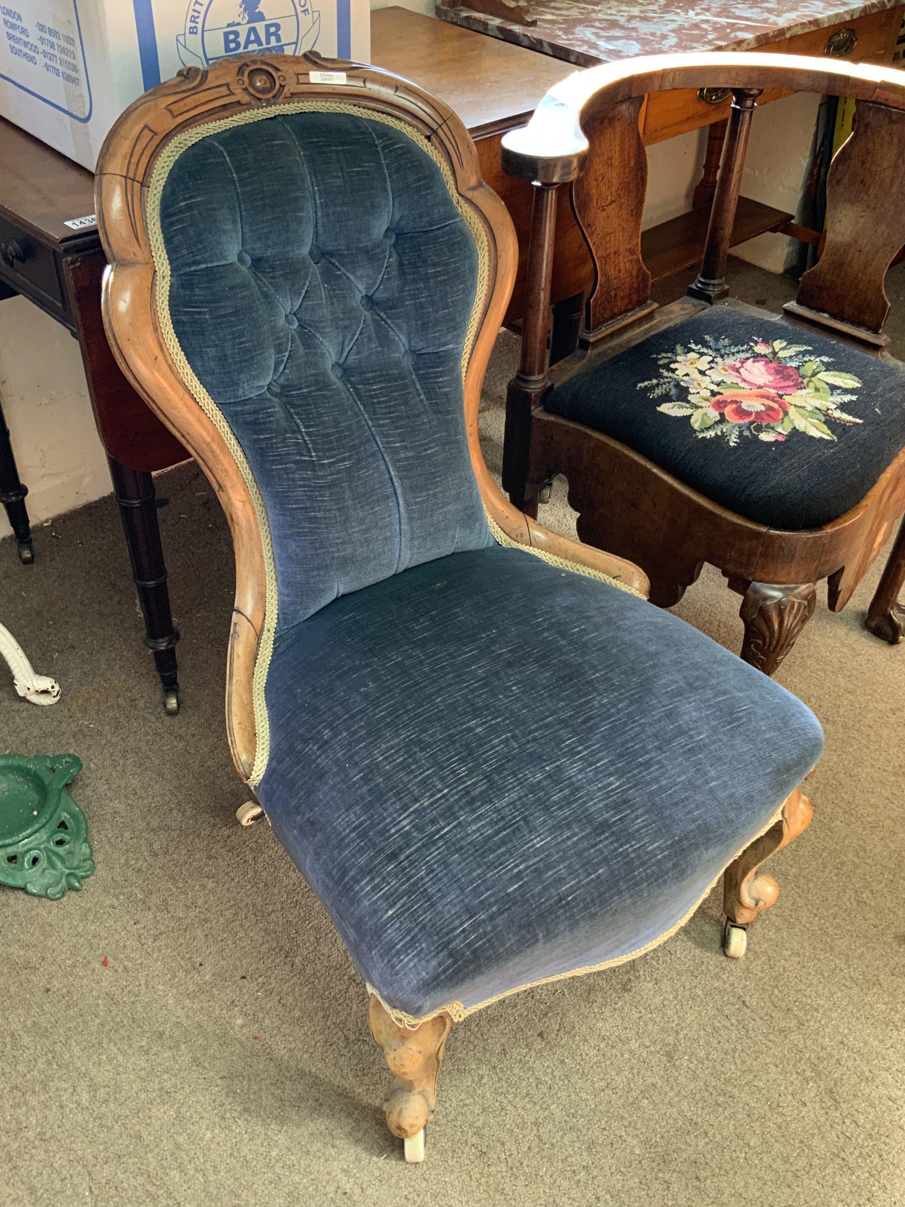 A Victorian walnut upholstered button backed chair, Mahogany Corner chair with tapestry seat, small satin wood wall shelf with ebony inlay.