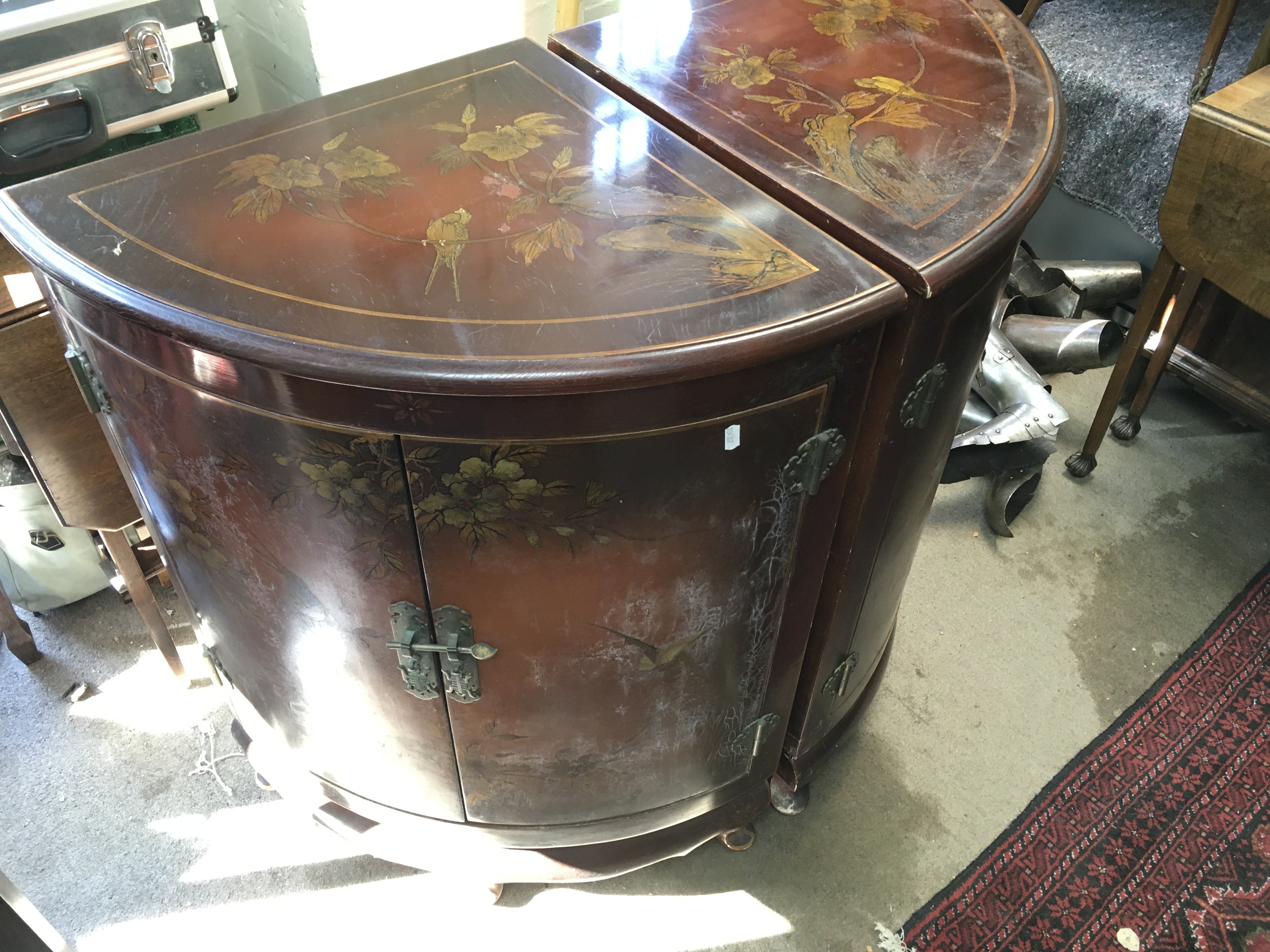 Two oriental style corner cabinets with Double doors and shelf inside. 19.5 wide by 36&#2013266057۝ tall.