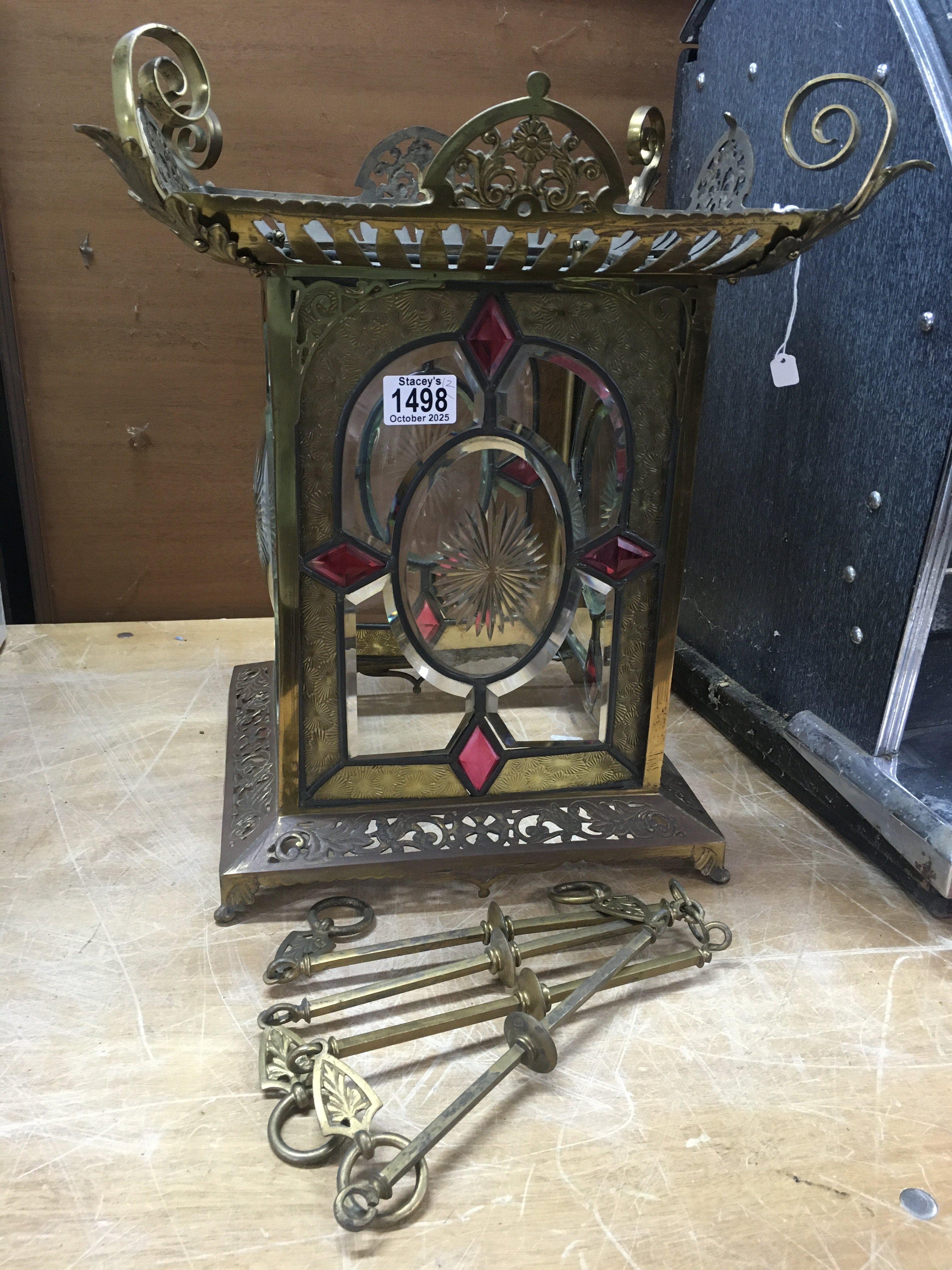 A Victorian brass hall lantern inset with four cut glass and led light panels. 35cm x 35cm