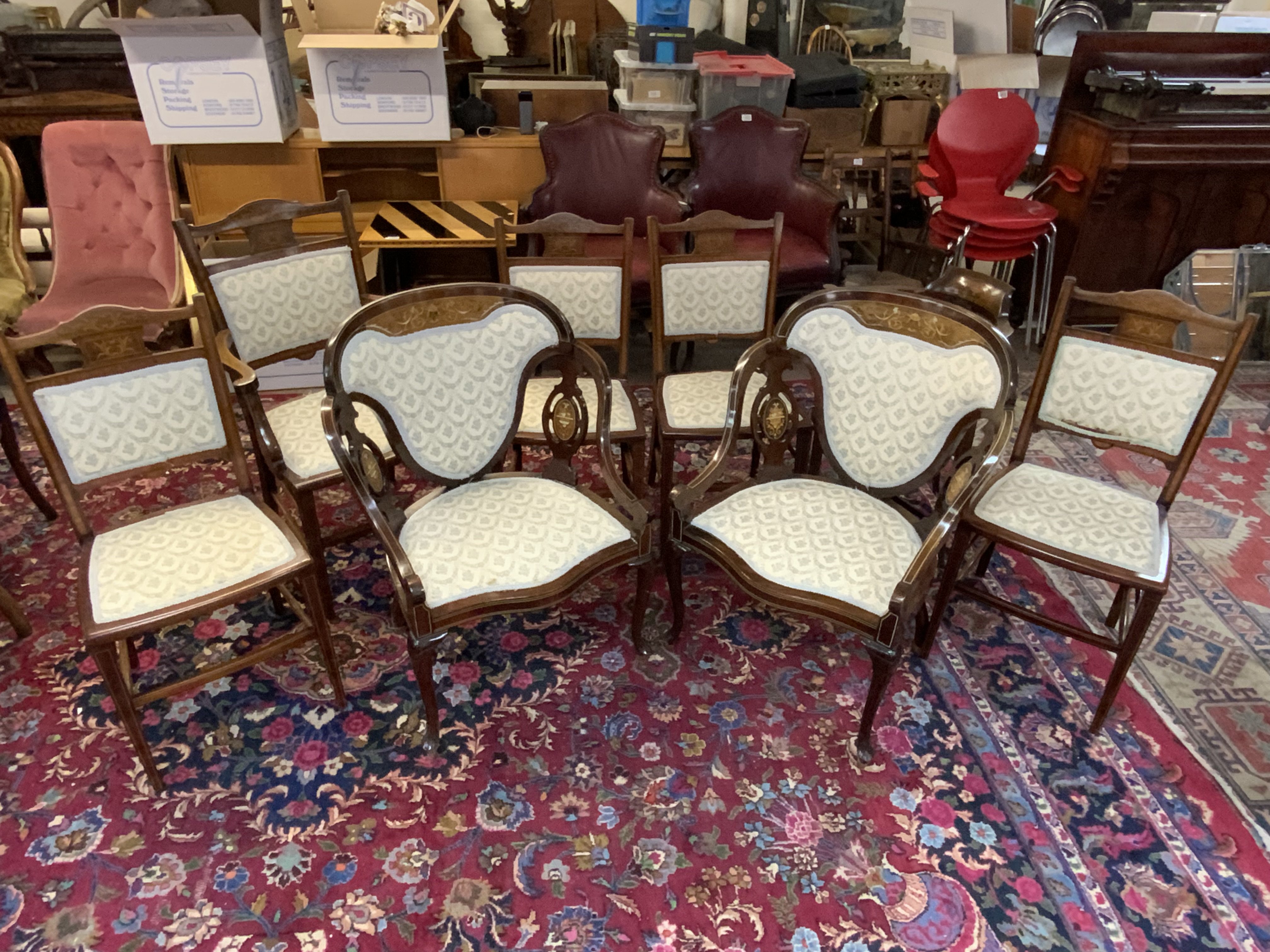 A selection of Edwardian inlaid chairs to include 4 dining chairs, 2 pairs of armchairs, 2 corner chairs.