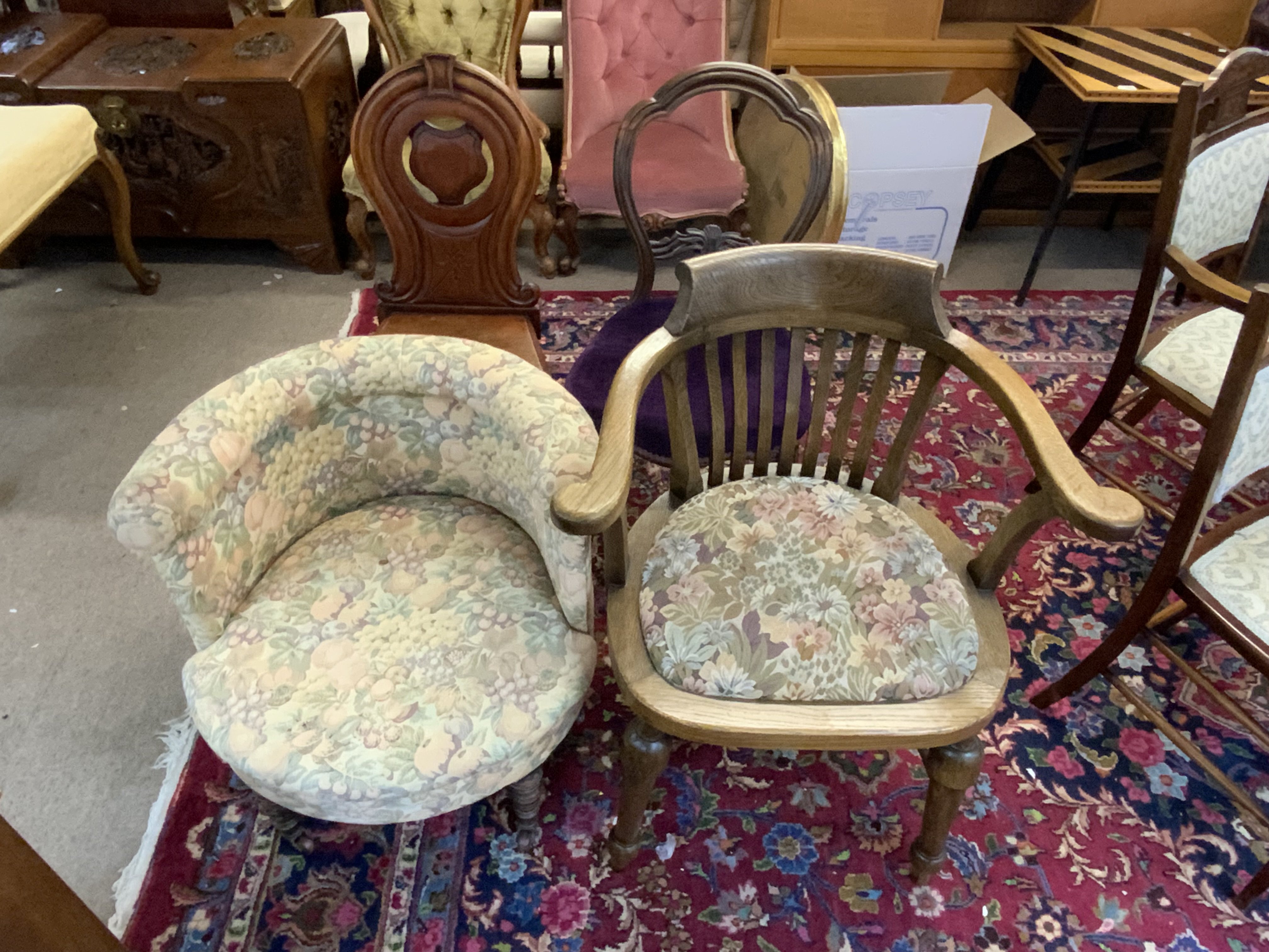 5 various chairs. Hall chair, upholstered tub chair, oak desk chair, dining chair, mahogany folding chair.