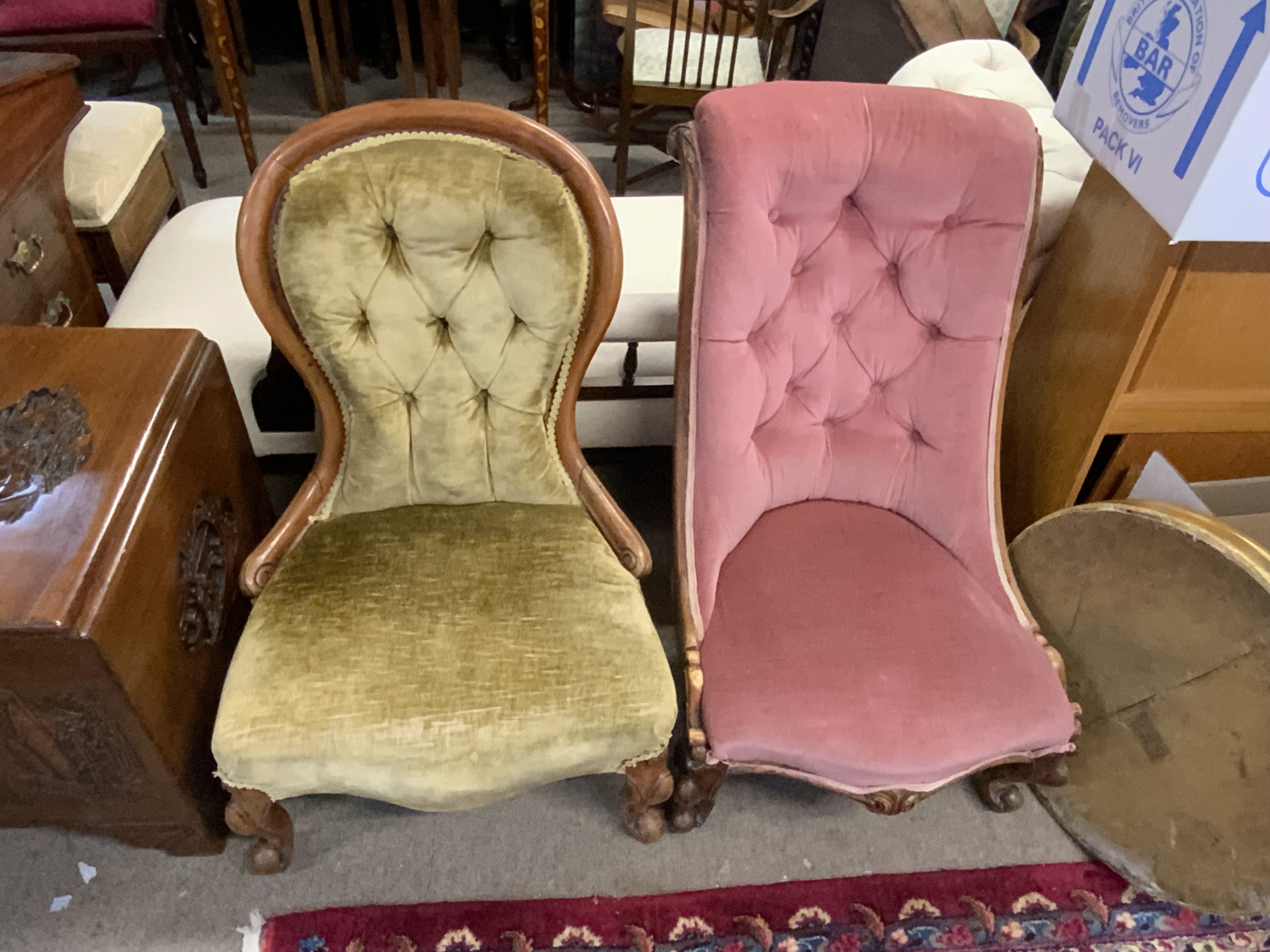 2 Victorian walnut upholstered nursing chairs.