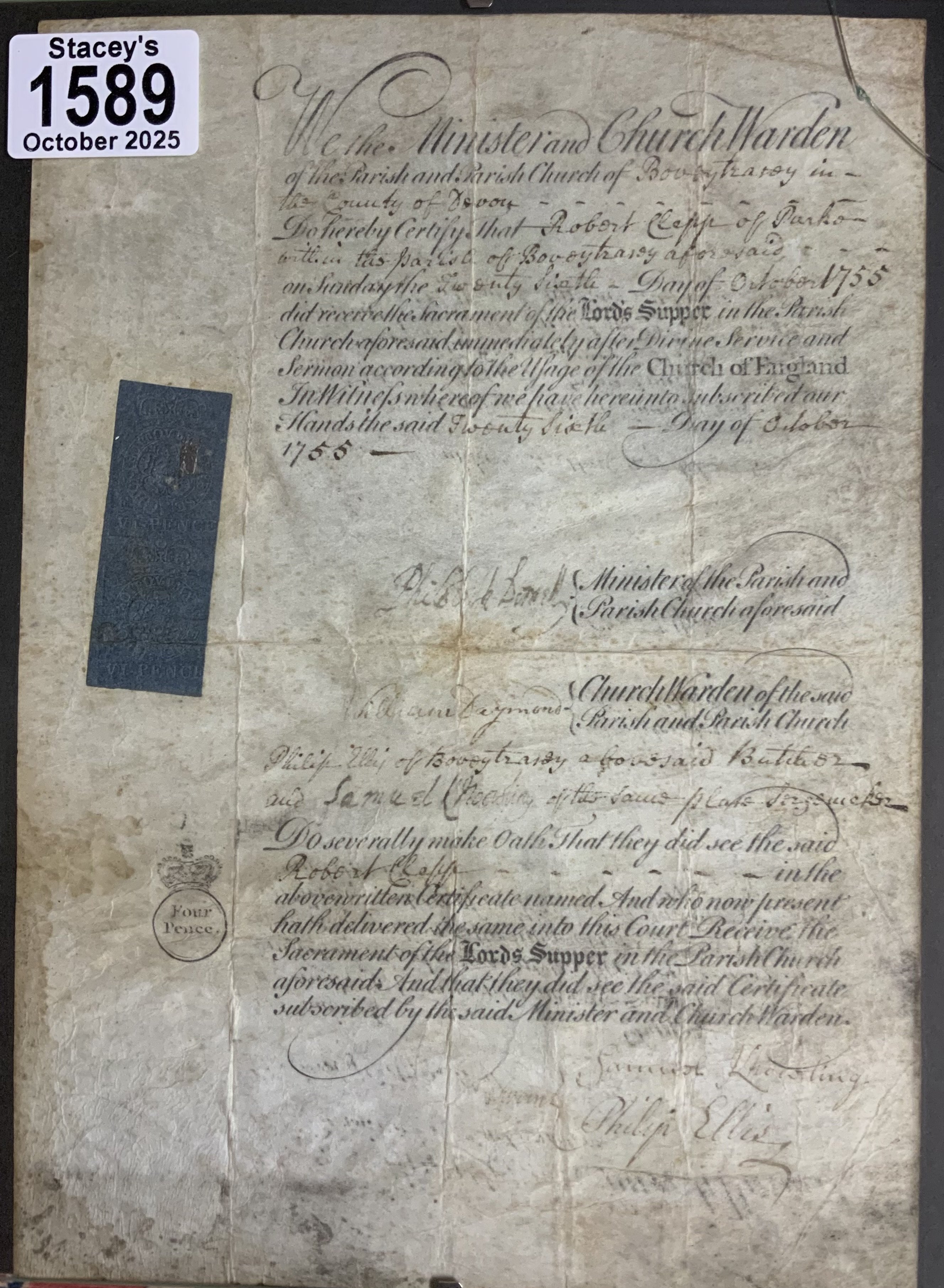 An early Document on velum, transcription to reverse. Dated October 1755.