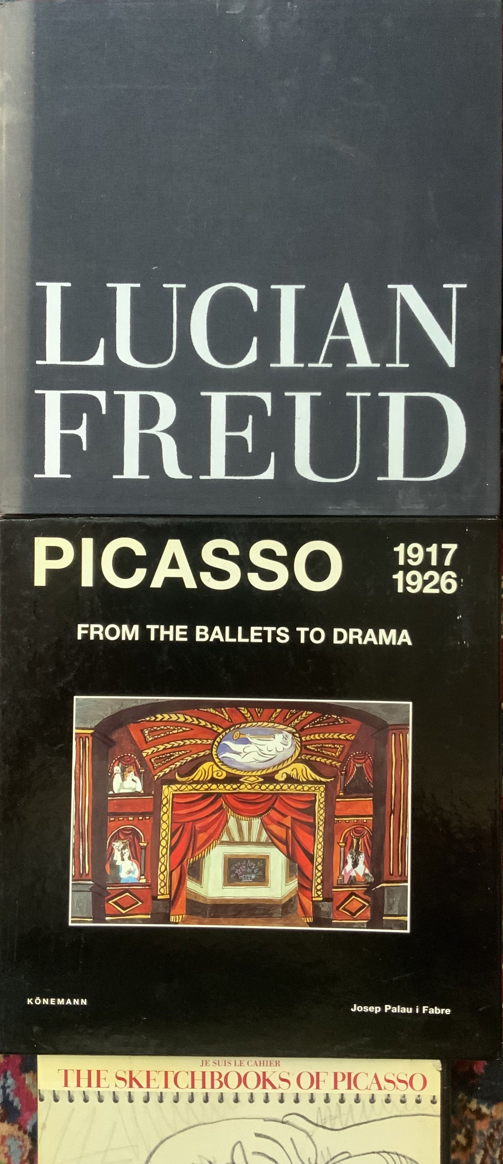 3 large coffee table books. Picasso 1917-1926, Koneman, The Sketchbooks of Picasso, Thames and Hudson, Lucien Freud, Randon house publishing.