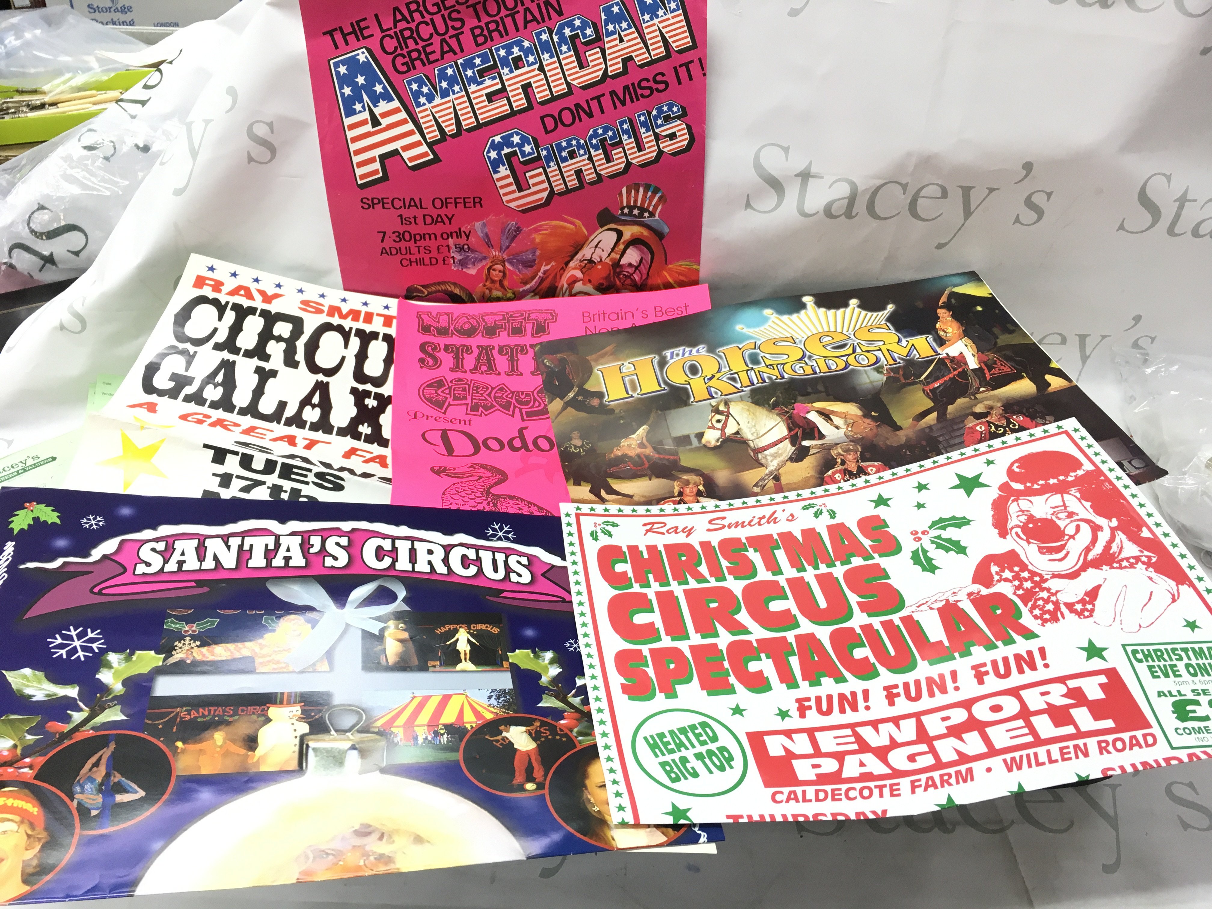 Three boxes of circus posters including examples from circus mondao, circus Hoffman&#2013266057۪s, ray smiths circus galaxy and various other circuses. Sizes vary from a3,a2 and a1. Measurements available on request.