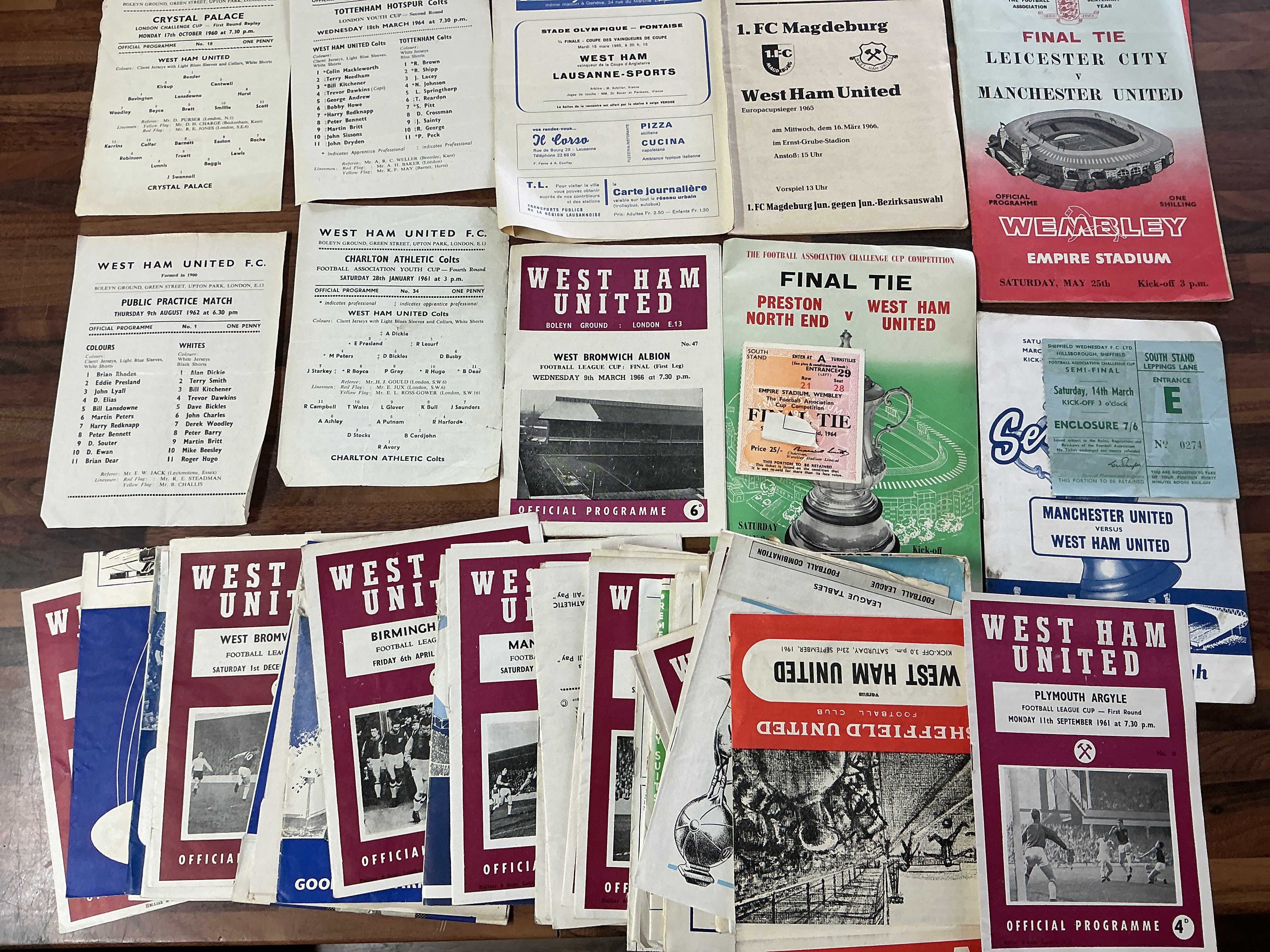 West Ham Football Programmes: Superb collection from the late 50s onwards with some European aways to include Magdeburg and Lausanne Sports. Many more difficult League Cup including 65/66 West Brom final. Spotted some single sheet youth matches and reserves There are some other programmes including FA Cup finals and semis with some tickets. Many hundreds in mainly good condition.