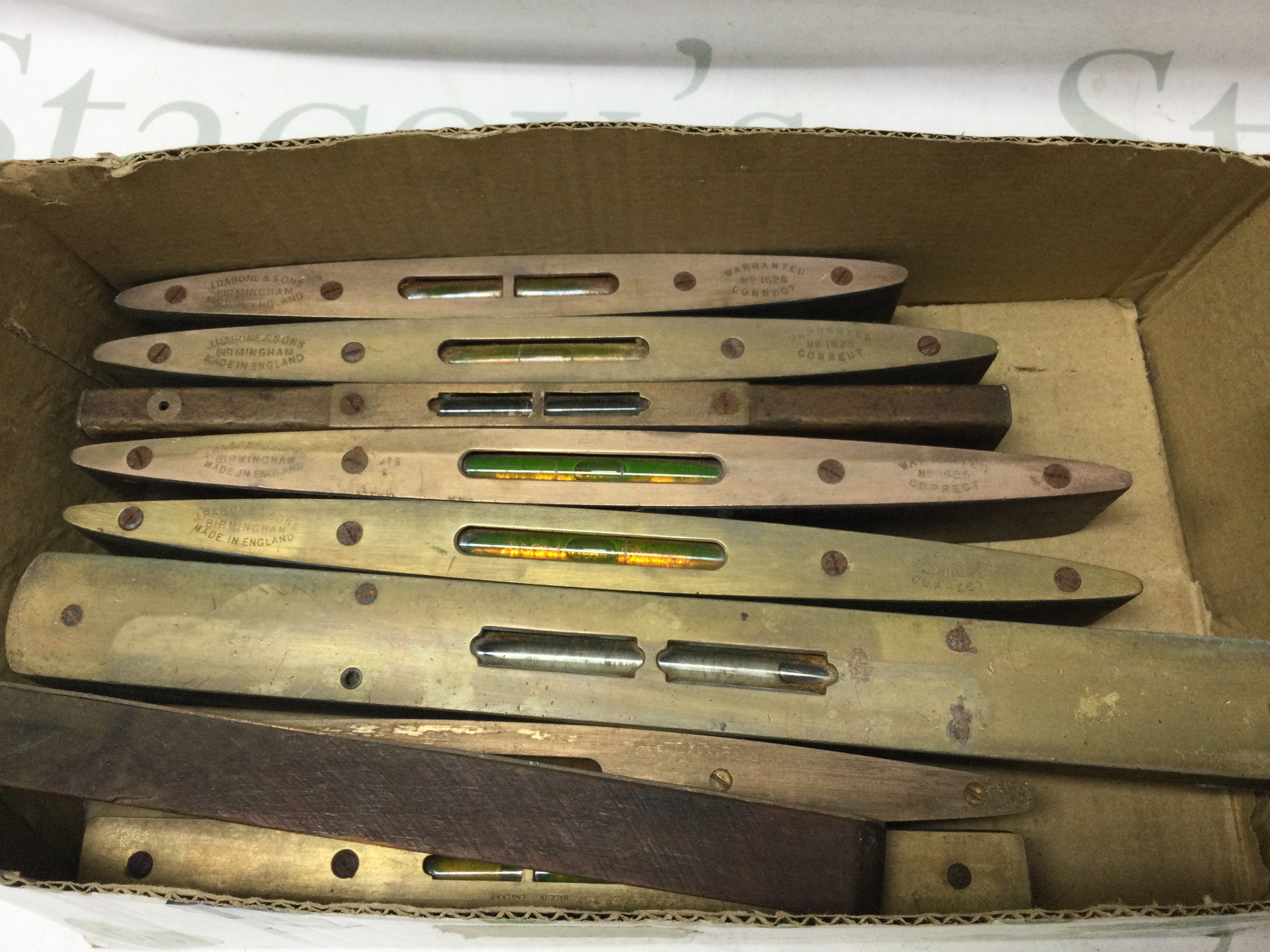 Nine vintage spirit levels . This lot cannot be posted