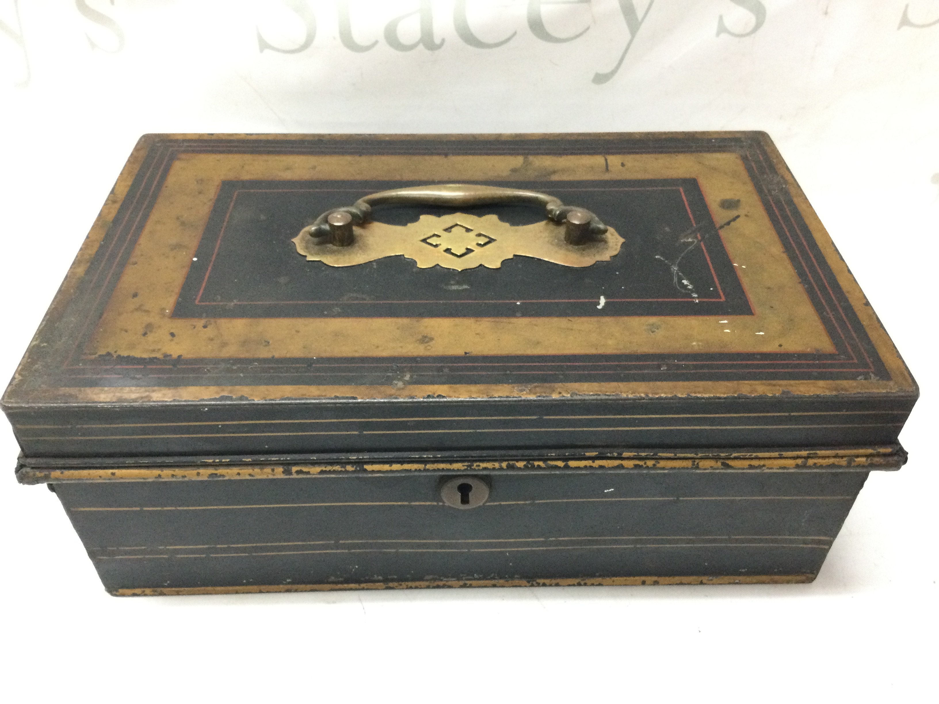 Large metal cash box 32cm tall 12Cm tall.