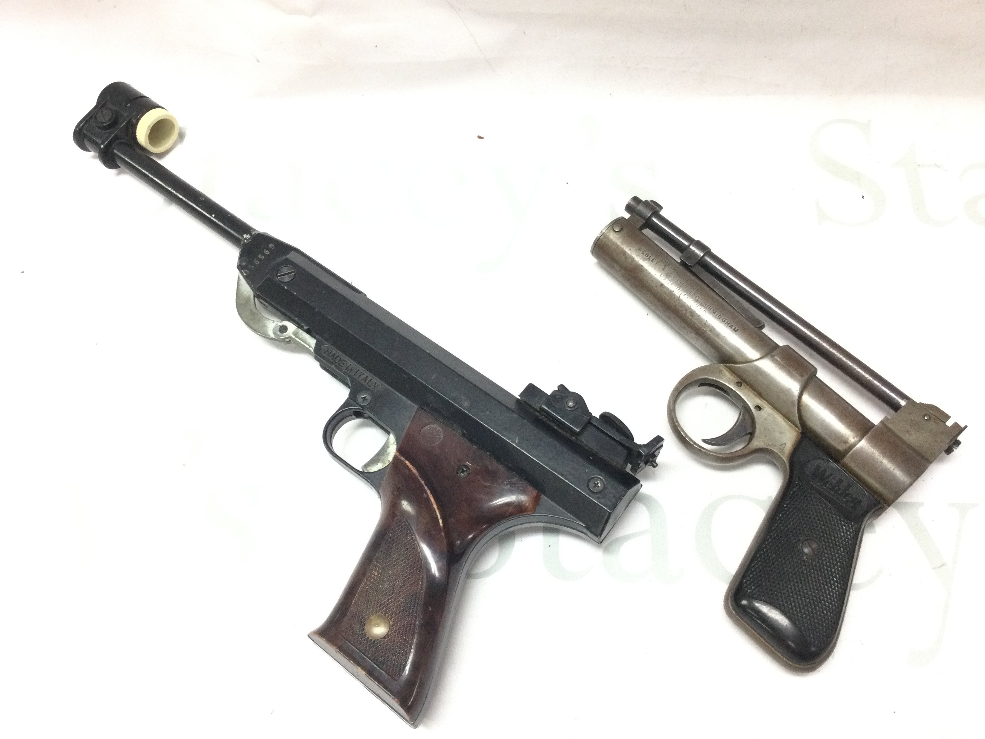 Vintage Air pistols Webley Junior 177 and an Italian R071 cal.45-177. Mechanisms have been tested and appear to be functioning (dry fire) This lot cannot be posted