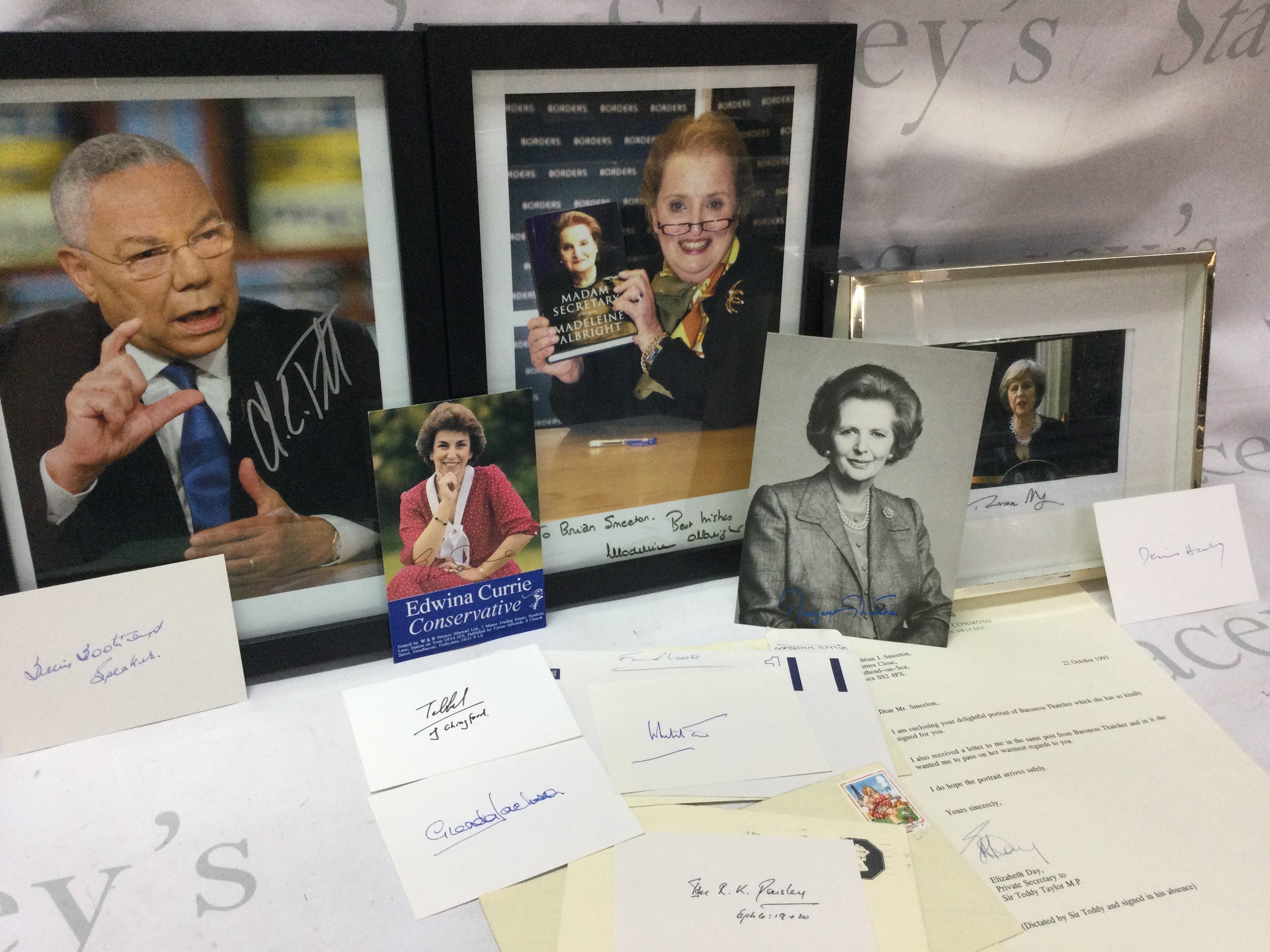 A collection of autographs of various politicians including Theresa may, Colin Powell, Willie Whitelain and others . Postage category C