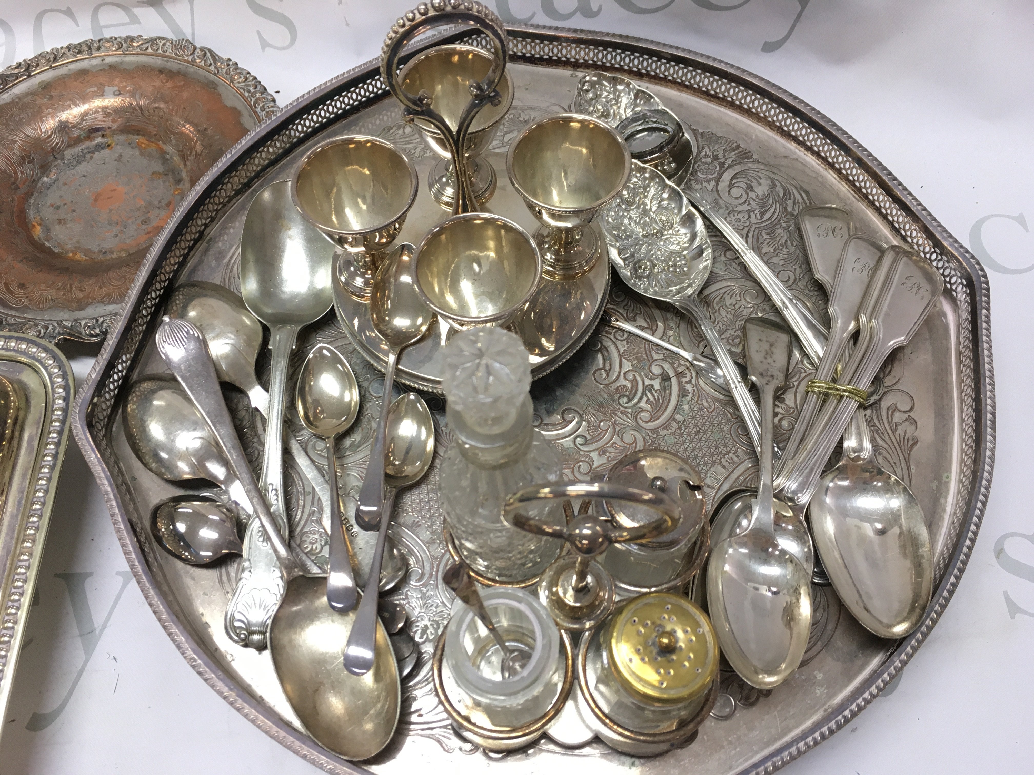 A collection of silver plated items including cutlery, a tray , cut glass condiment jars etc. this lot cannot be posted- NO RESERVE