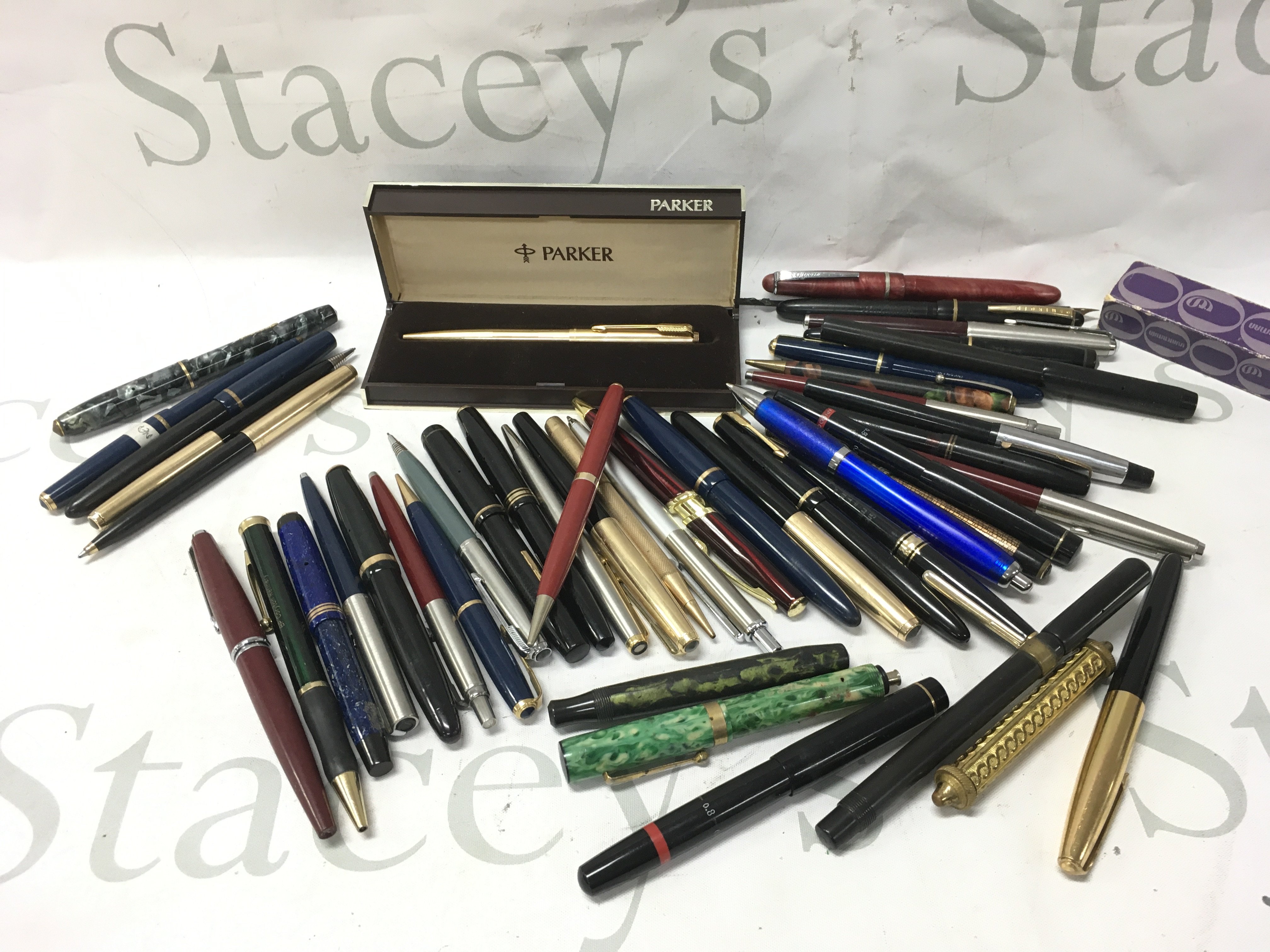 A collection of pens including Parker , Platignum, Corway Stewart. Postage catB