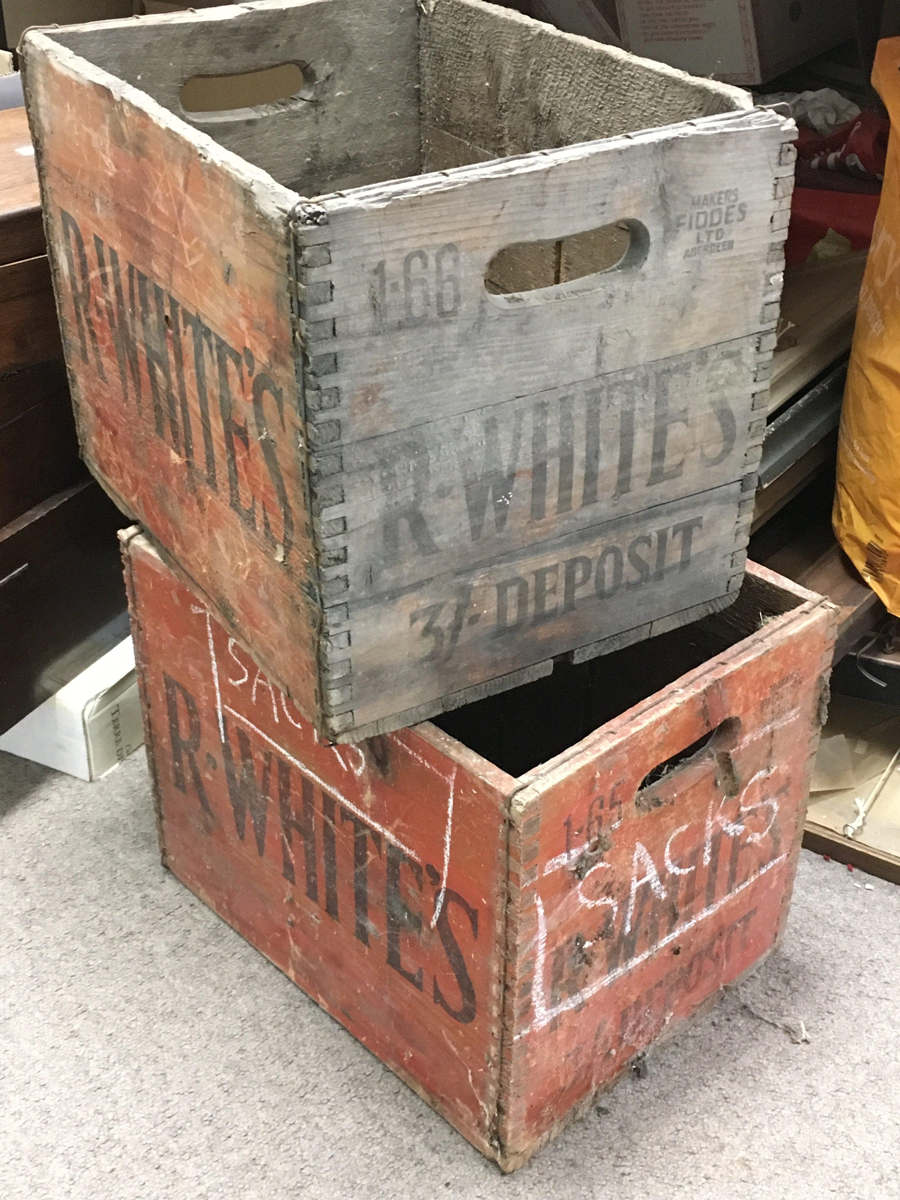 Two Vintage wooden R Whites crates 30cm wide 40cm long 32cm tall
