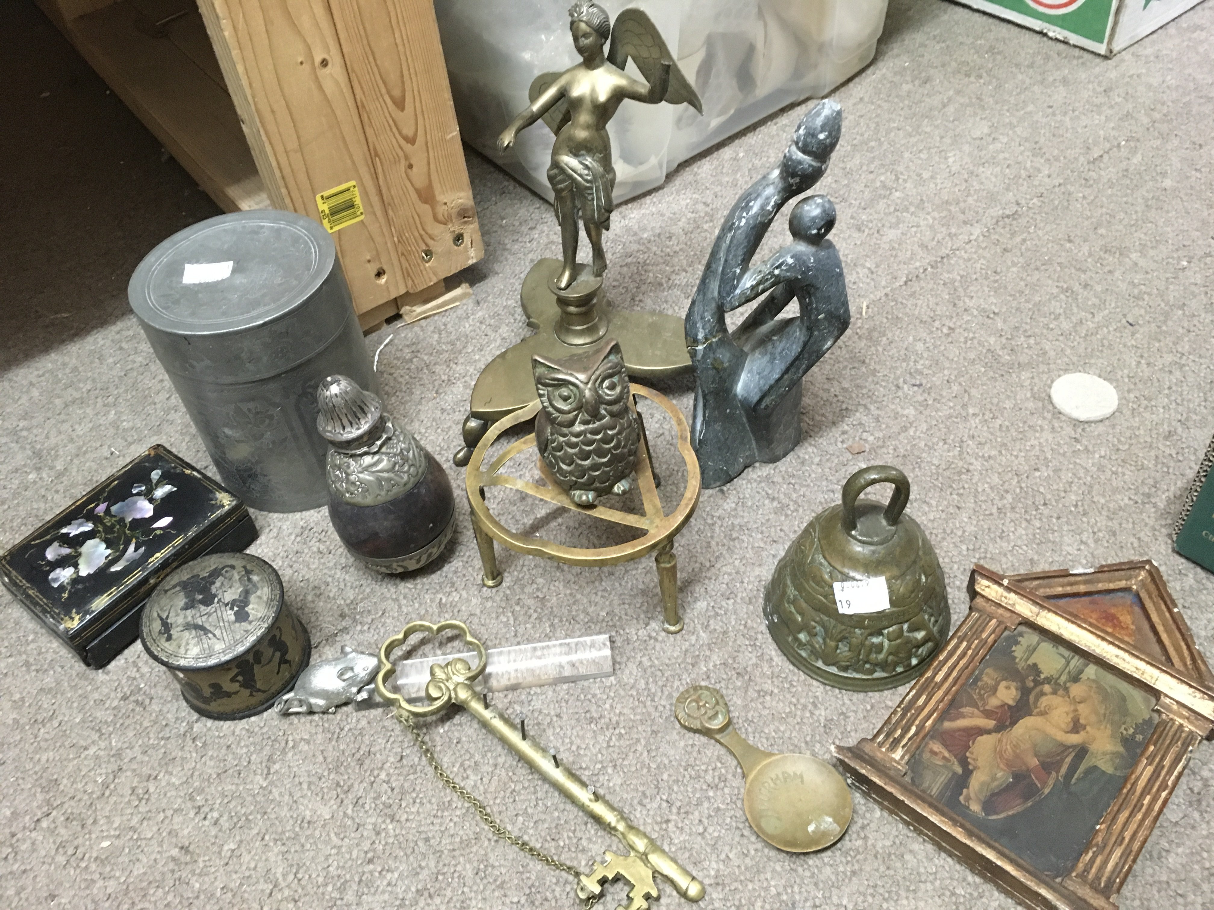 A mixed lot of items including a brass bell, oriental pewter container Etc