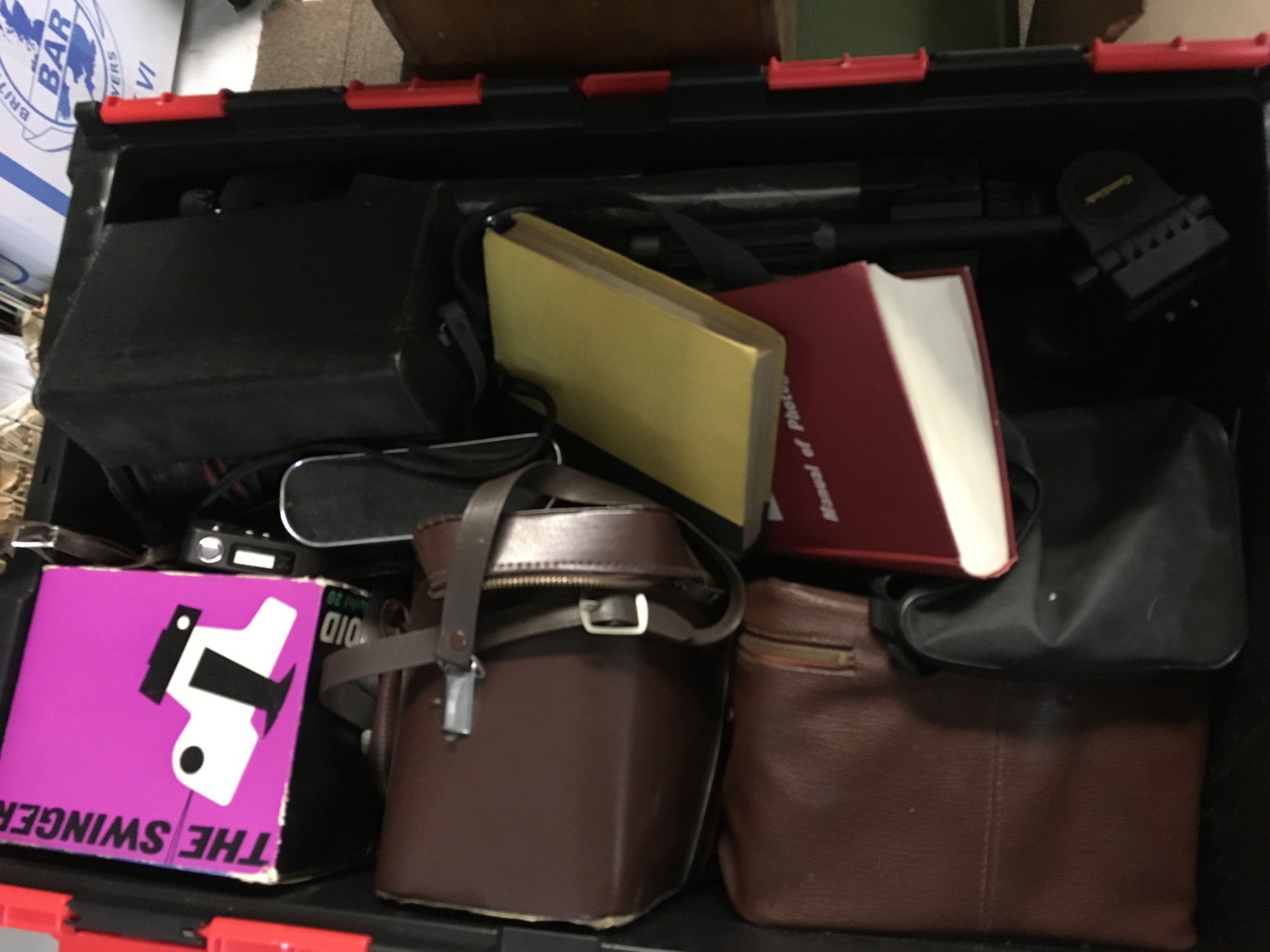 A box of vintage cameras including a Zenit-B, Ilford Sporti, Retinette, SIX-20 Brownie E etc. this lot cannot be posted