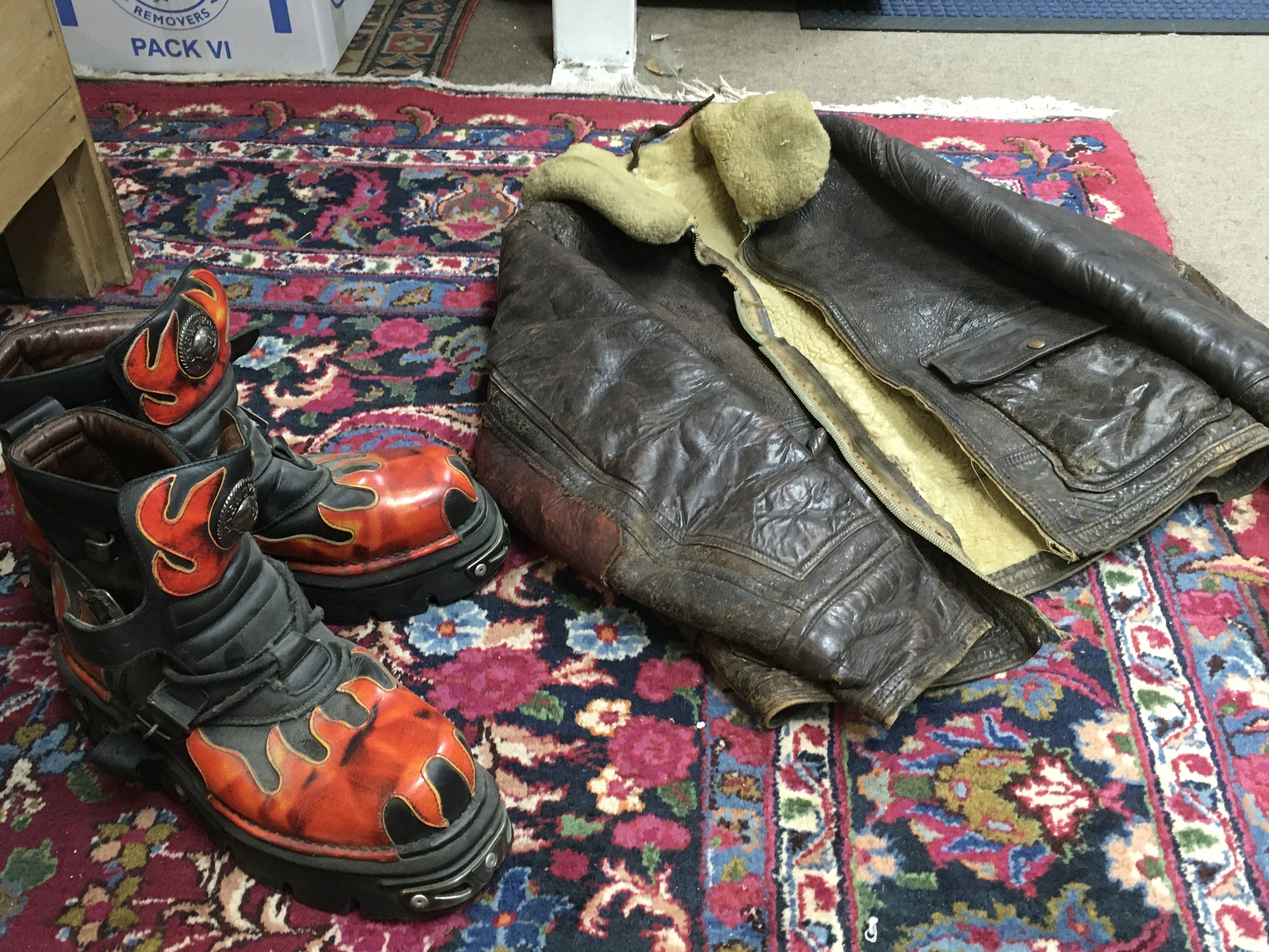A vintage leather aviation jacket and New Rock leather flame boots, size 45c