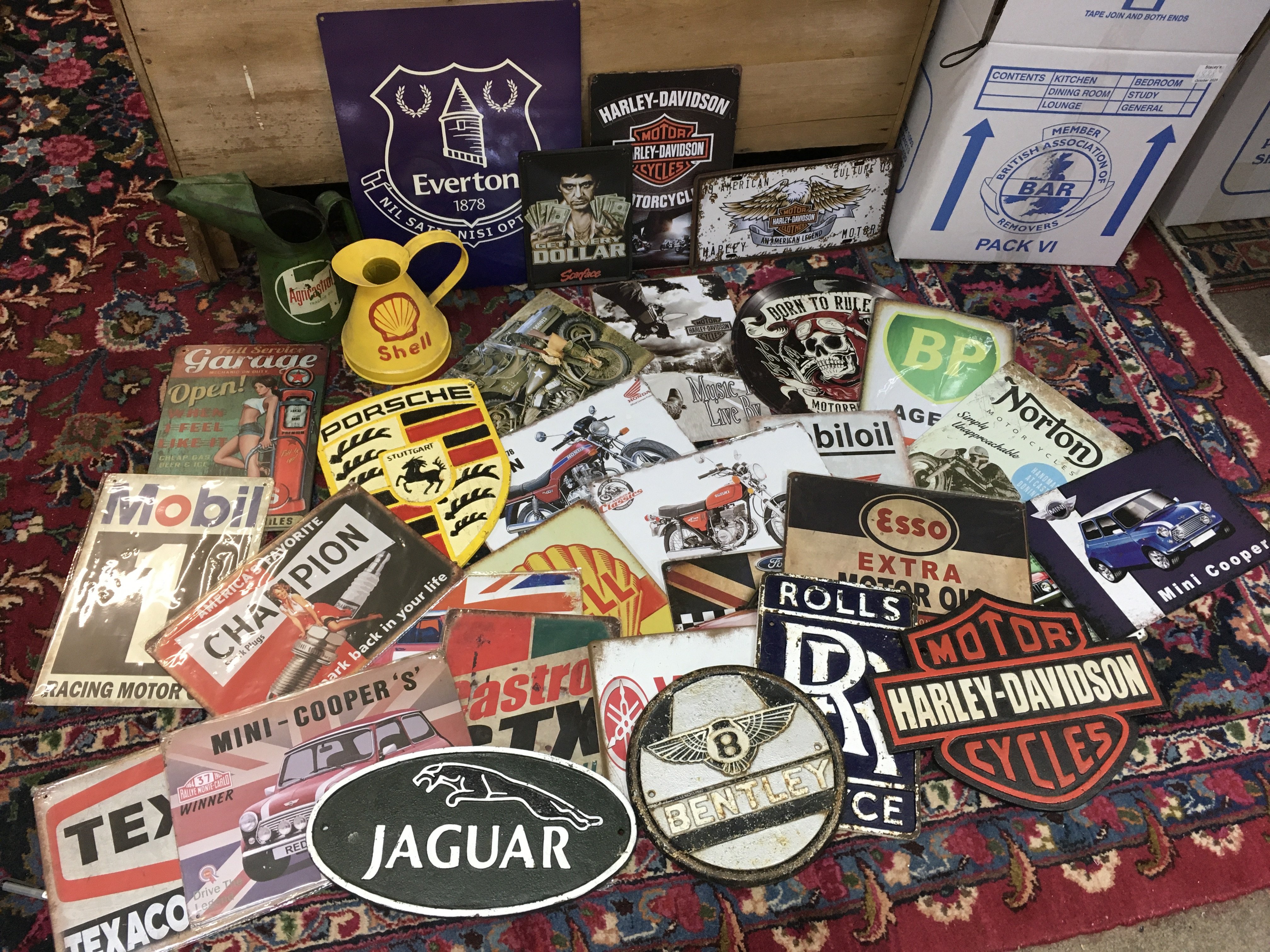 Reproduction metal Motoring signs and cast iron Jaguar, rolls Royce, Bentley, Harley Davidson , Porsche signs , shell and castrol oil jugs etc