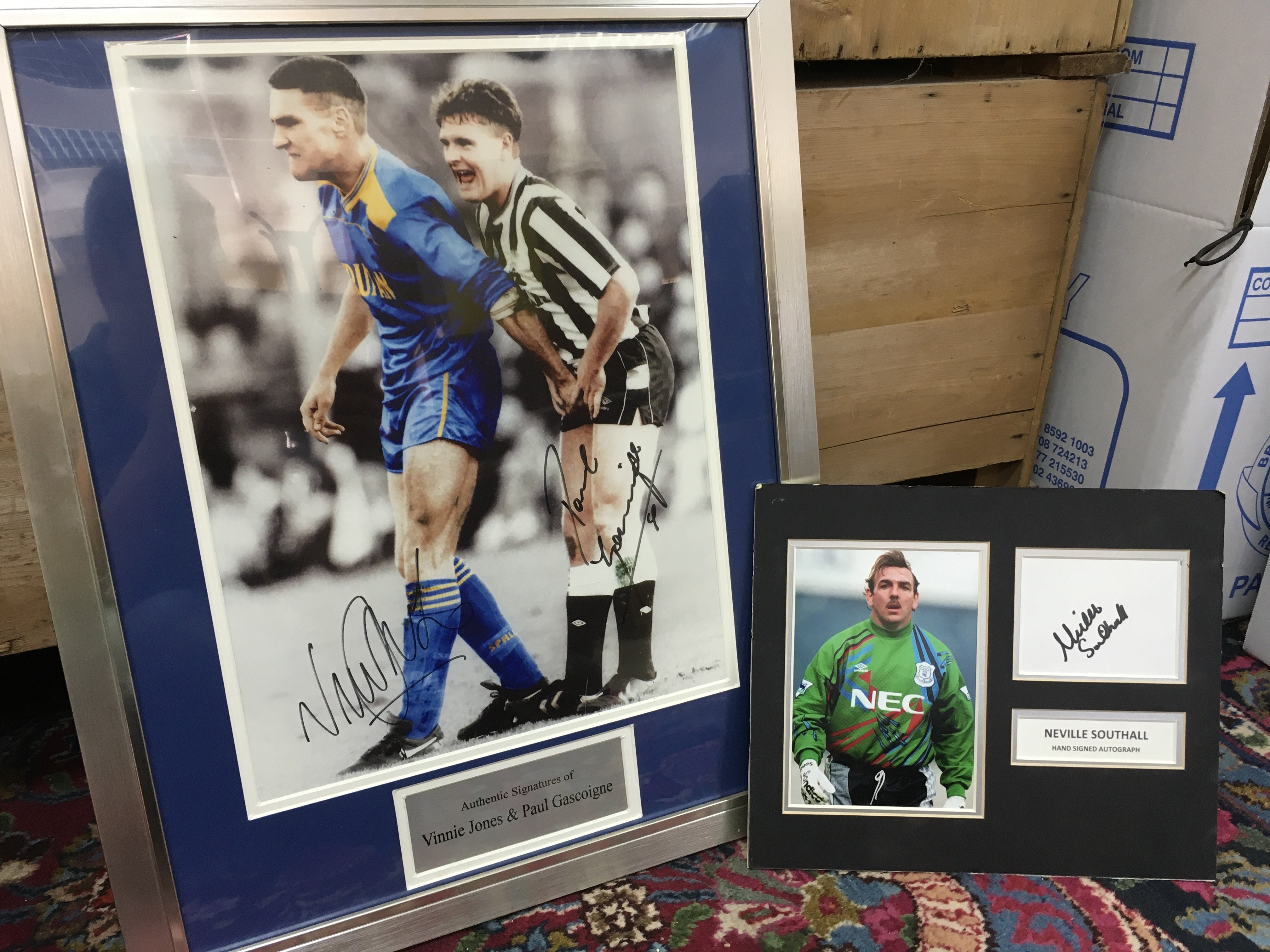 Framed and signed Vinnie Jones and Paul Gascoigne print with COA (46x56cm frame size) and a Nevill Southall autograph. This lot can be posted without the glass frame. Postage category B