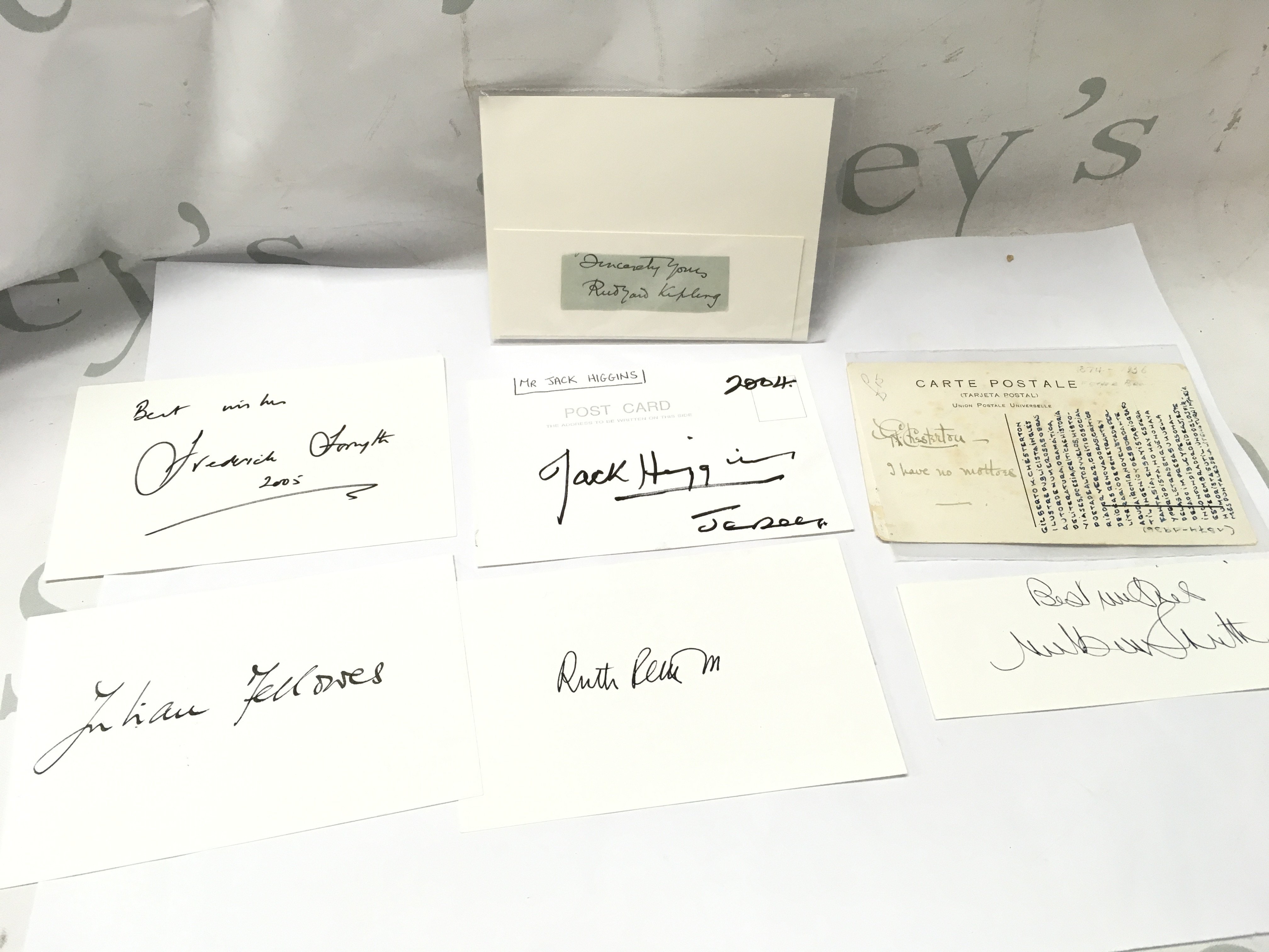 A collection of autographs from famous poets and authors including Ruth Rendell, Rudyard Kipling, G. K. Chesterton, Frederick Forsyth etc. postage cat A