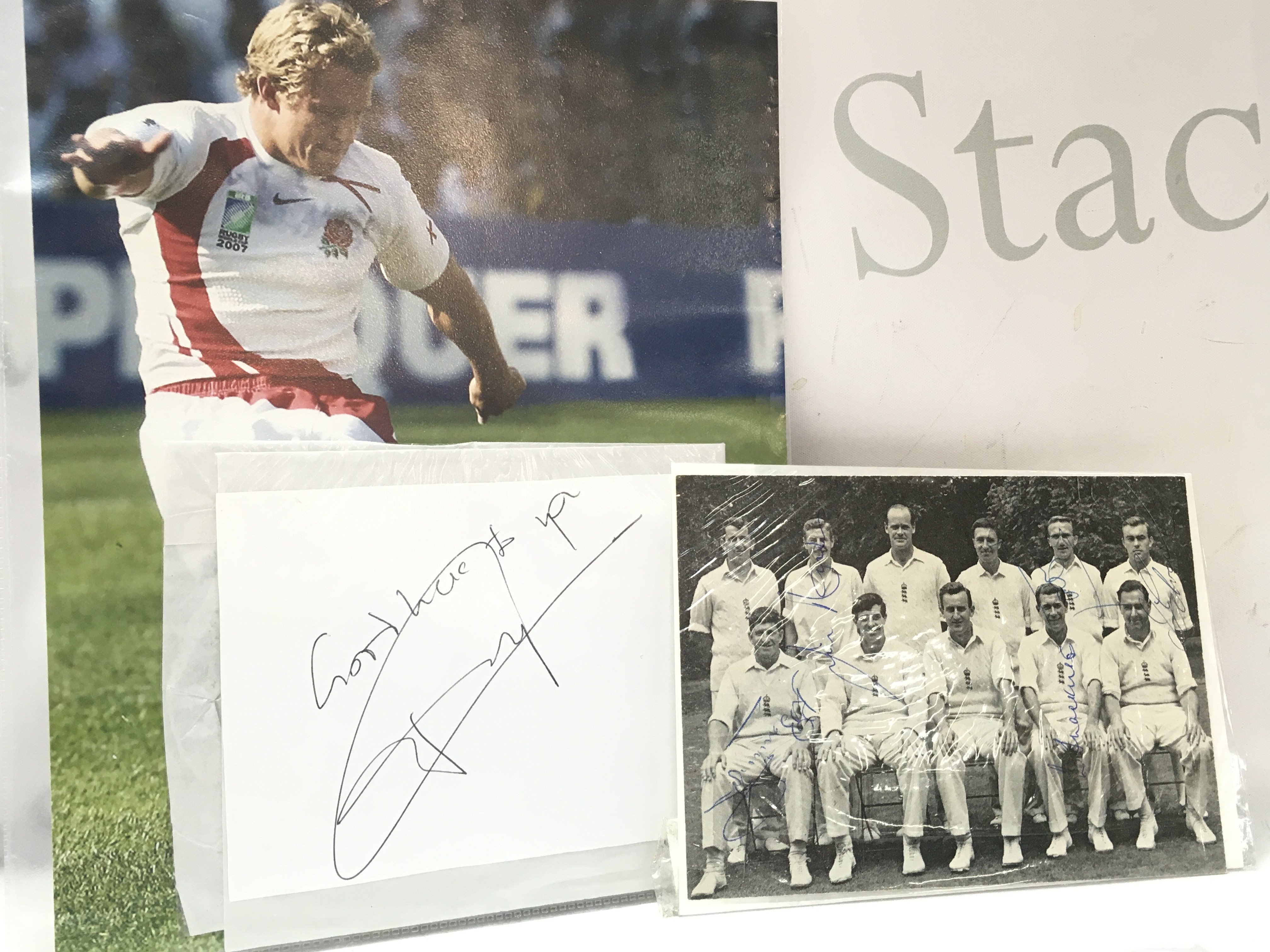 An England 1958 football team signed photograph including players Cowdrey, Trueman etc and a Johnny Wilkinson rugby autograph. Postage catA