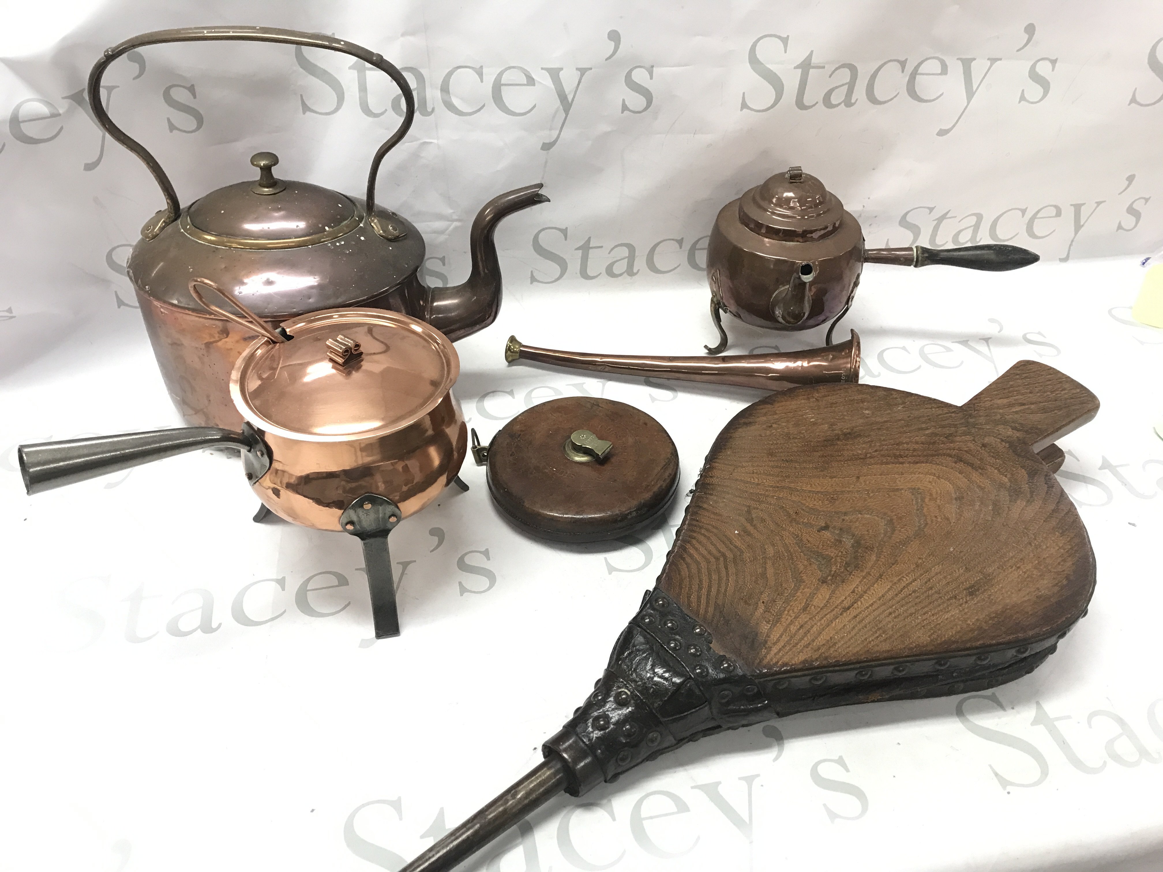 A Collection of copper ware , Chesterman measuring tape, bellows. This lot cannot be posted
