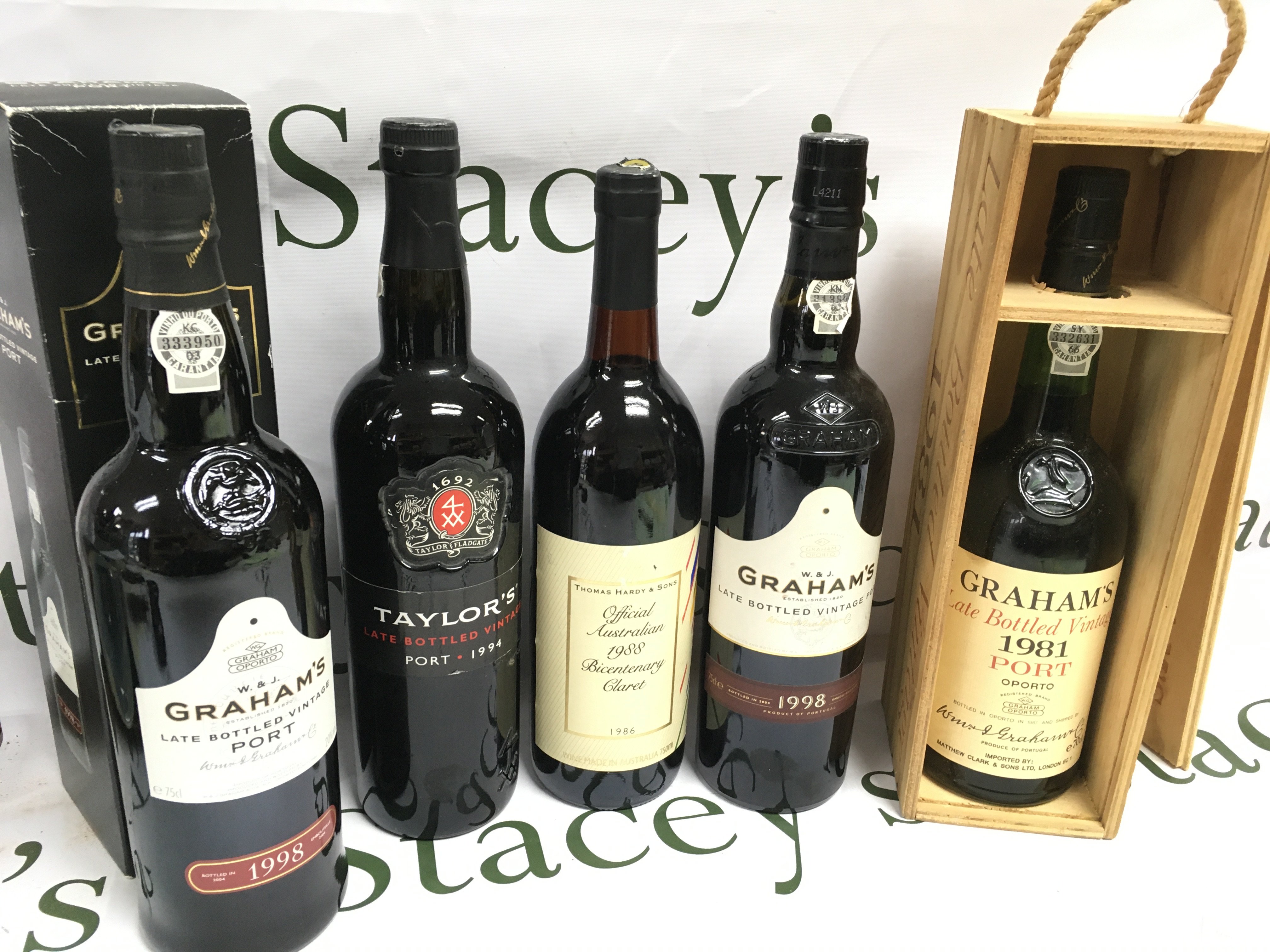 Vintage port included Grahams 1998, 1981, Taylors 1994 , Hardy Australian 1988 Bicentenary Claret 1986. This lot cannot be posted