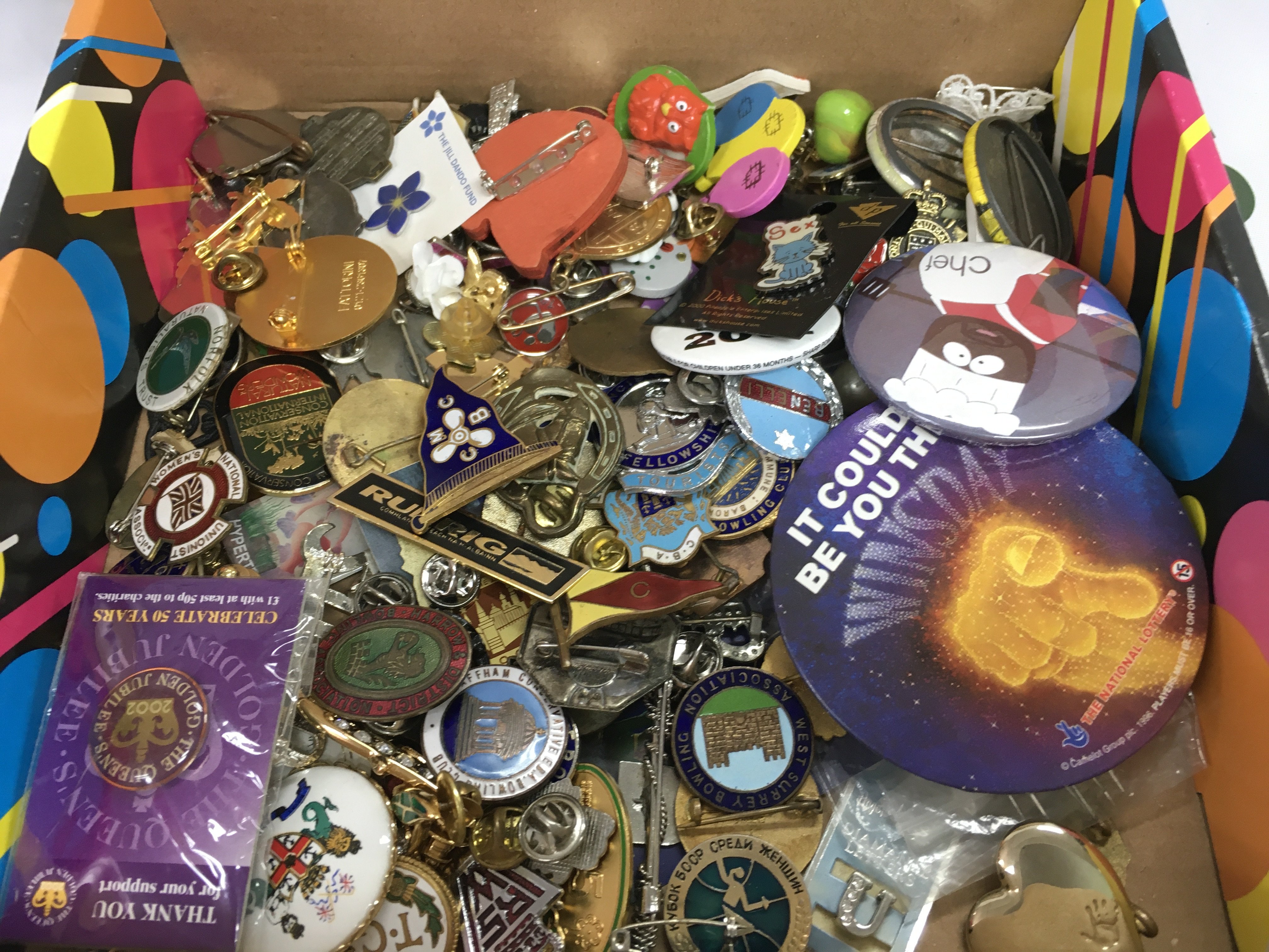 A Box of vintage badges , postage category B