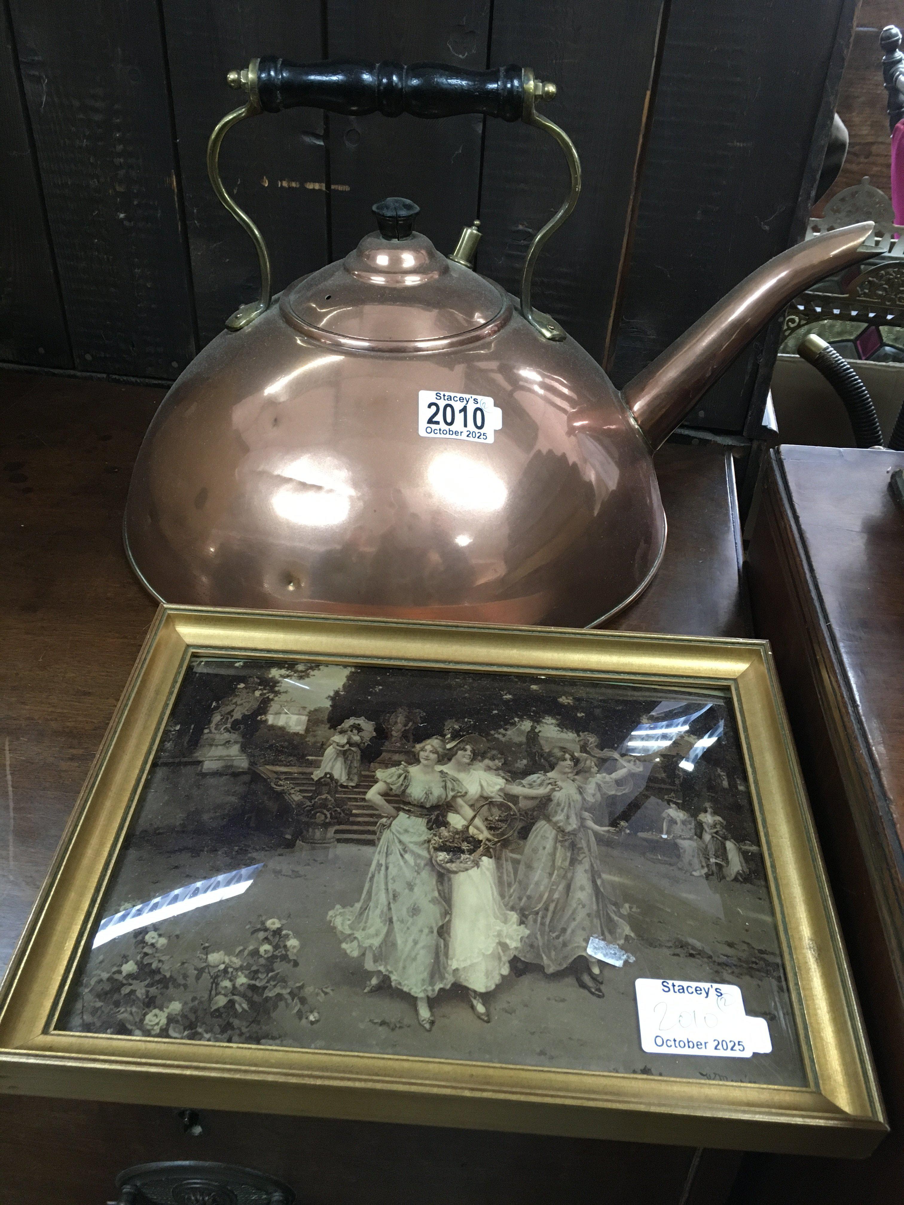 A couple kettle together with a framed Victorian crystalline picture