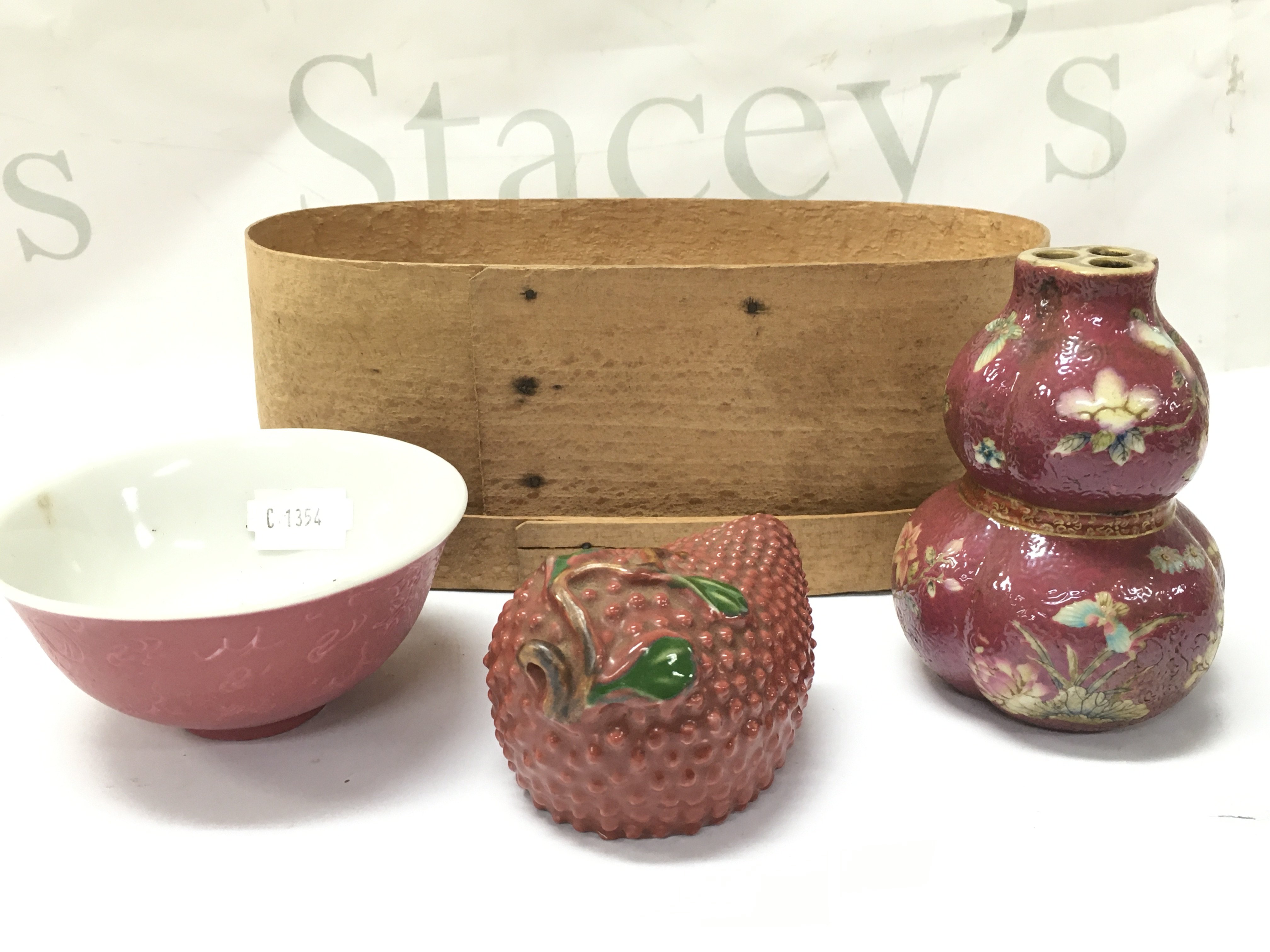 Chinese ceramics, double gourd vase decorated with butterflys and flowers with a four character mark to base , Lychee ornament, dragon tea bowl with four character mark . This lot cannot be posted