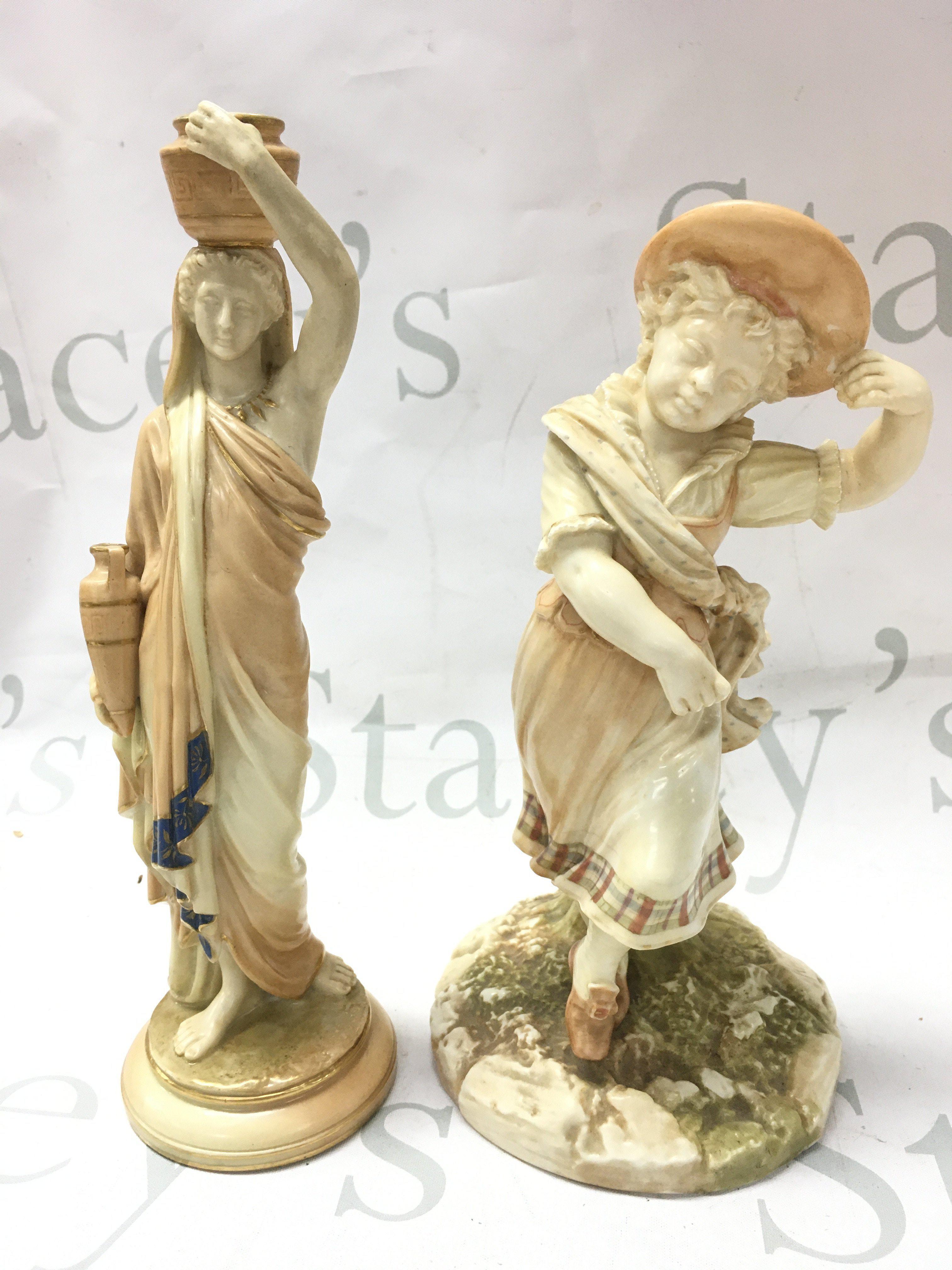 Two Victorian blushed Ivory Royal Worcester porcelain figures , female water carrier and a young girl signed Hadley. 25 and 23cm tall. This lot cannot be posted