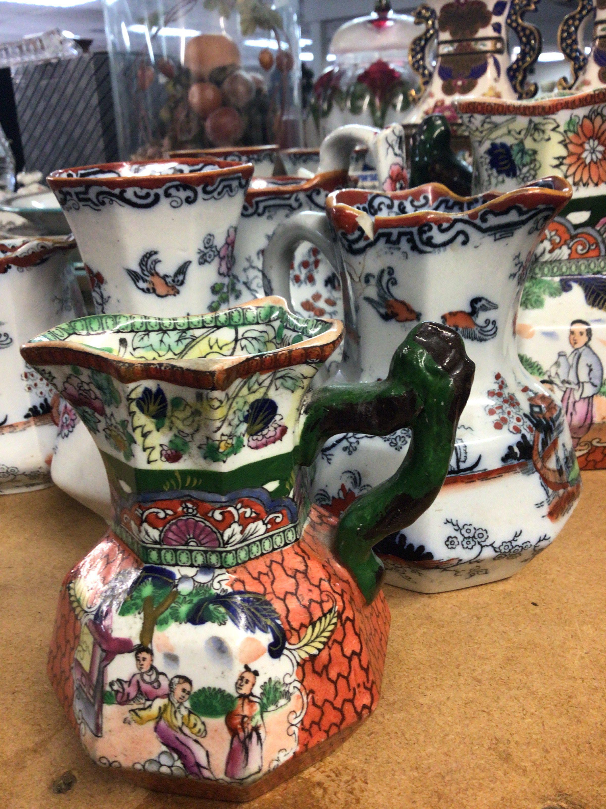 A pair of Chinese style limited edition 20th century Mandarin Vases and a quantity of Masons and other Victorian Ironstone china vases and jugs. NO RESERVE