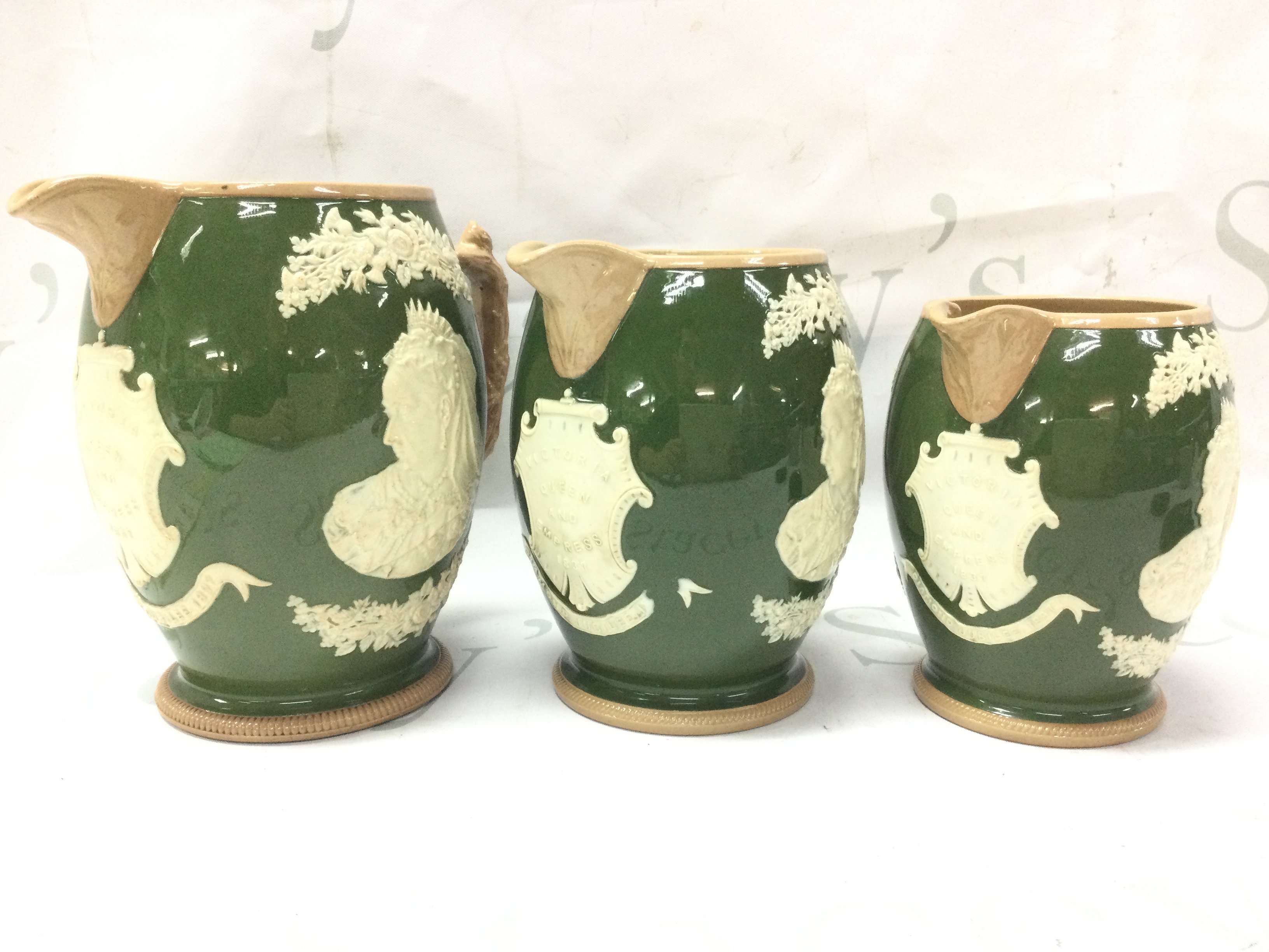 A set of three Victorian jubilee jugs by Copeland late Spode crook motcomb st. Belgrave London. This lot cannot be posted