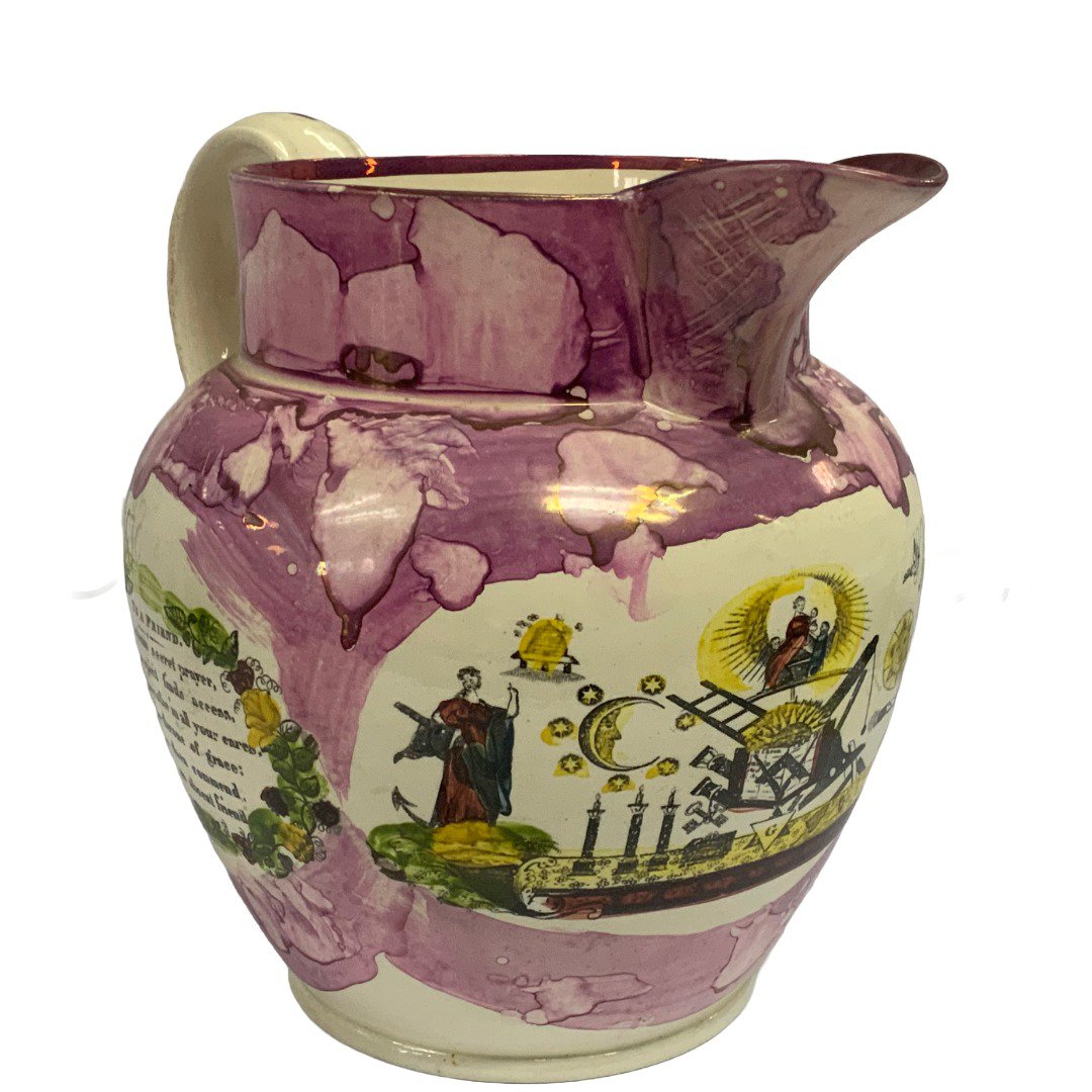 A superb example of a Sunderland Lustre pottery jug with a Masonic transfer to the front of and verses to the sides. 24cm. (Catagory D. Postage not available in house).