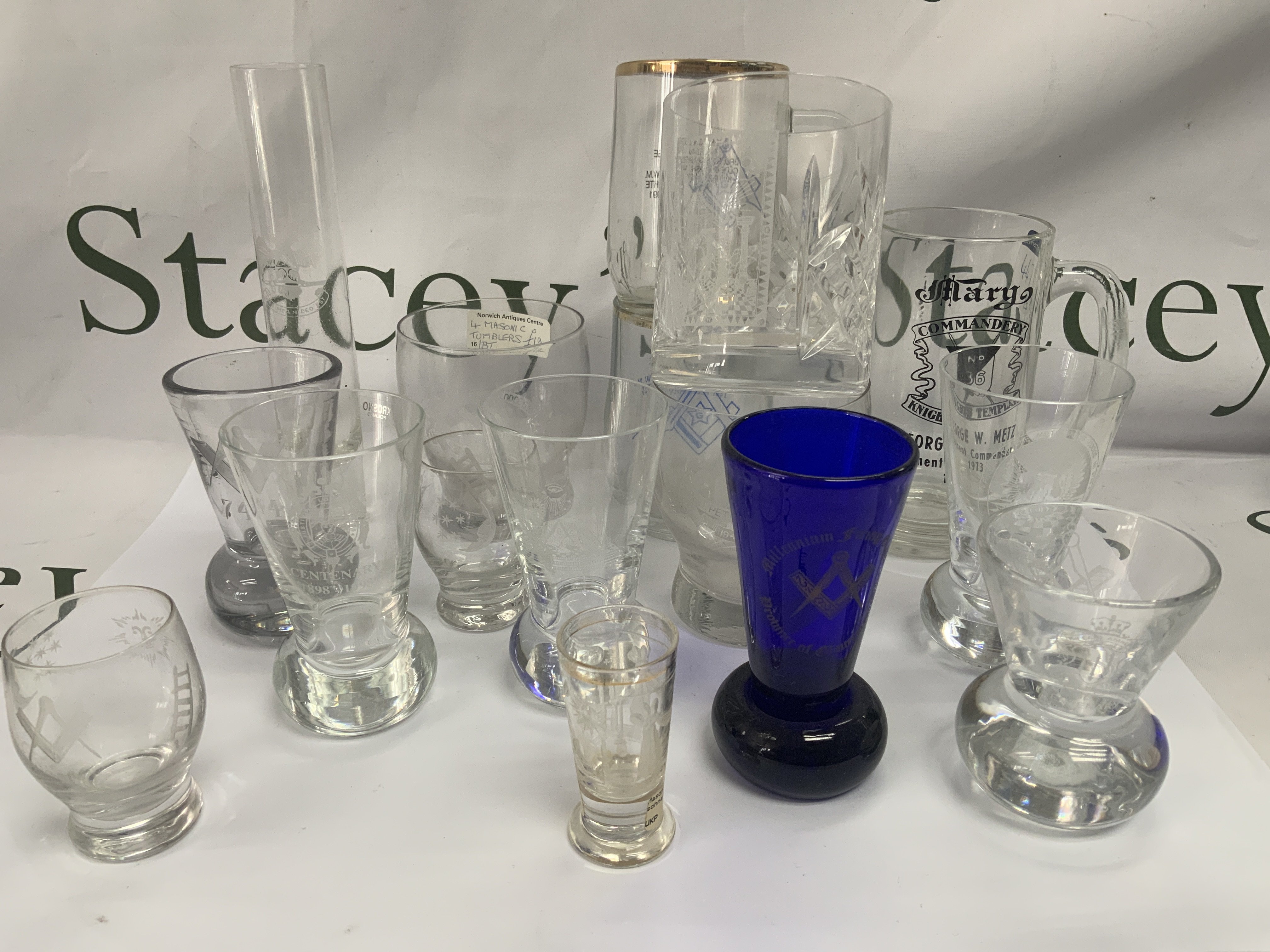 A collection of Masonic glassware to include 20th Century Bohemium presentation example.