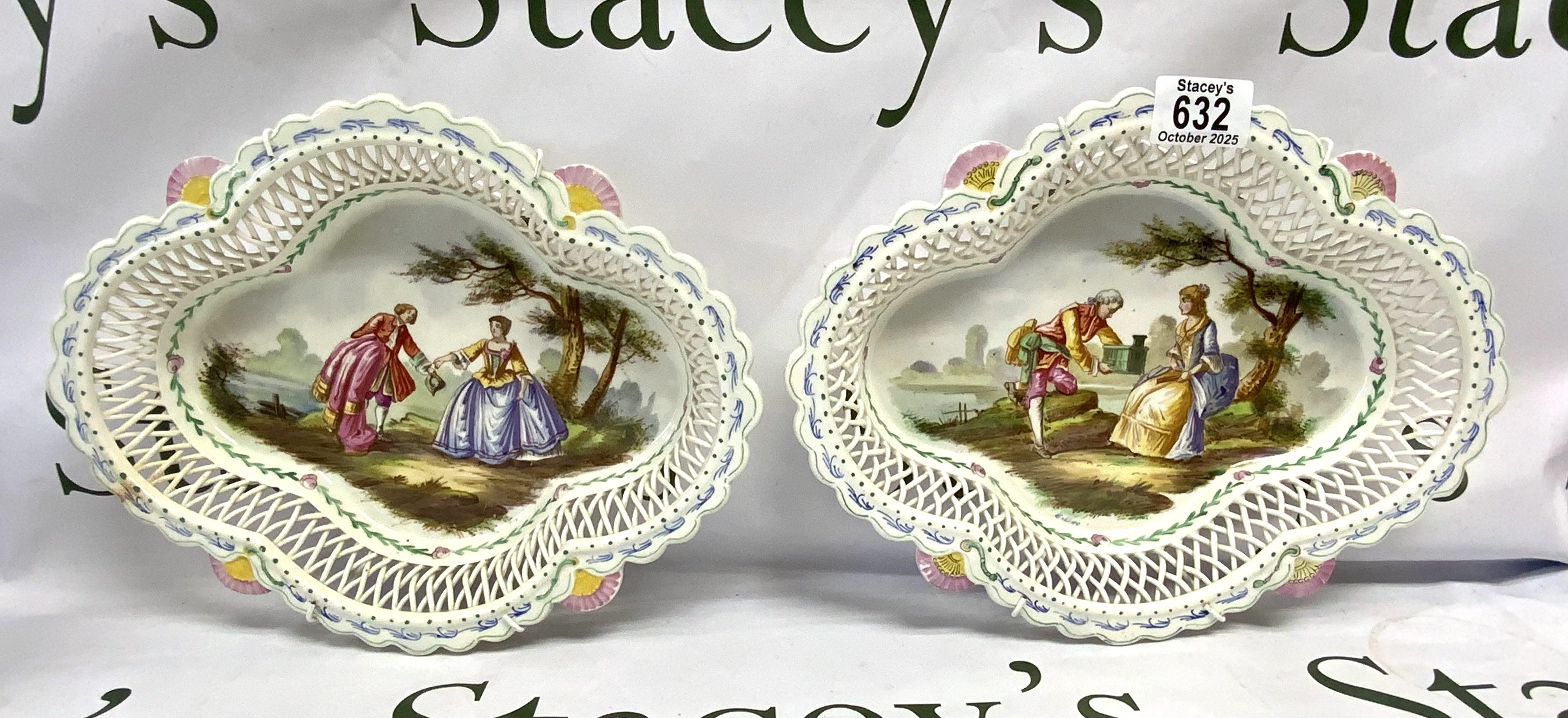 2 Lille pottery basket weave design bowls , 30cm x 23cm, hand painted scenes.