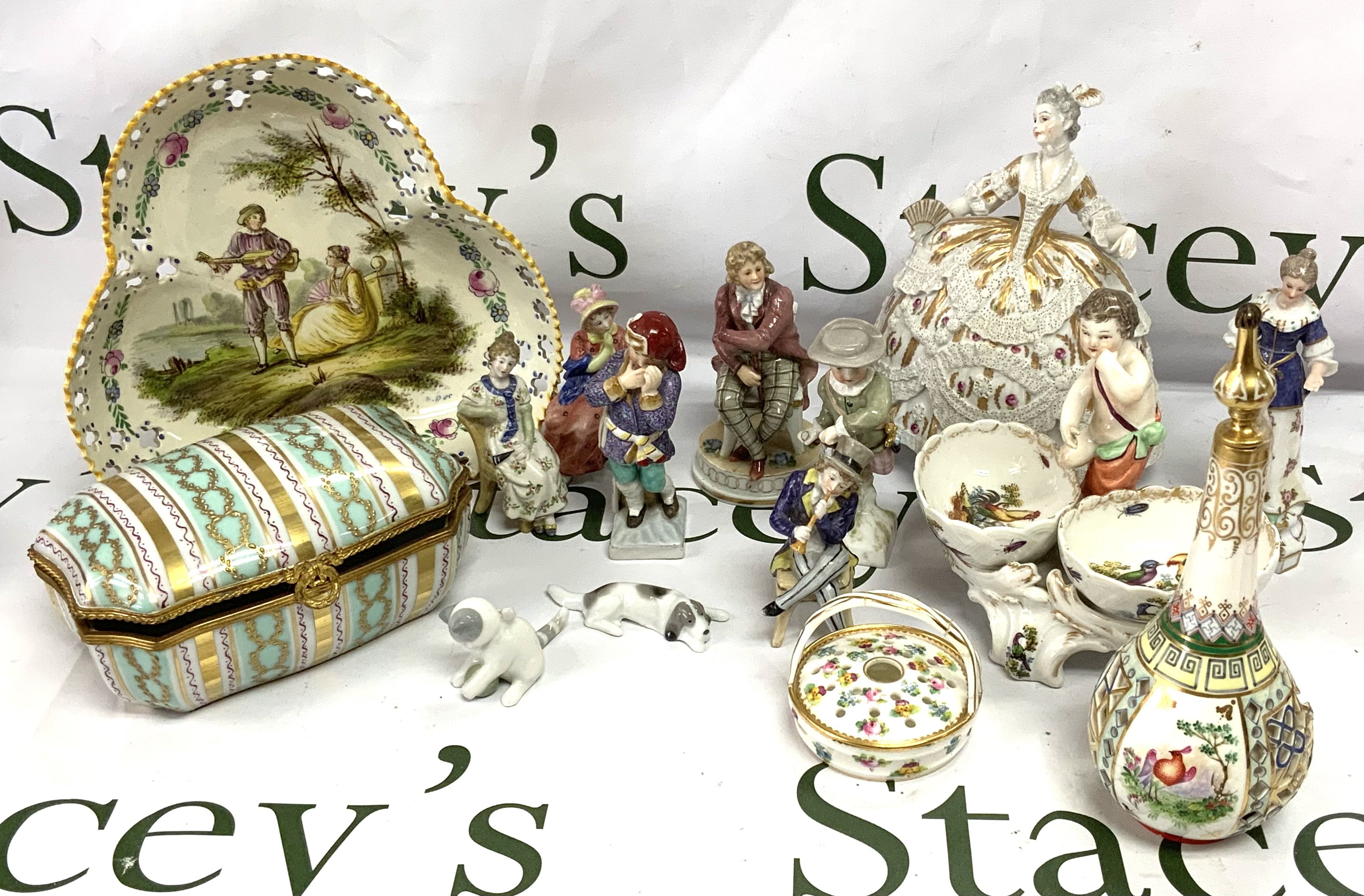 A small collection of porcelain figures etc to include a Lille faience pottery trefoil pierced dish, Perfume bottle, Trinket box etc. (D)