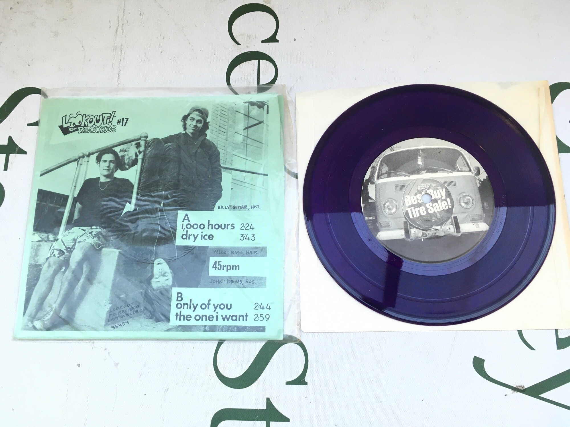 Green Day. A limited edition first US pressing of the 1000 hours EP on purple translucent vinyl with Laytonville address on cover. EX/EX.