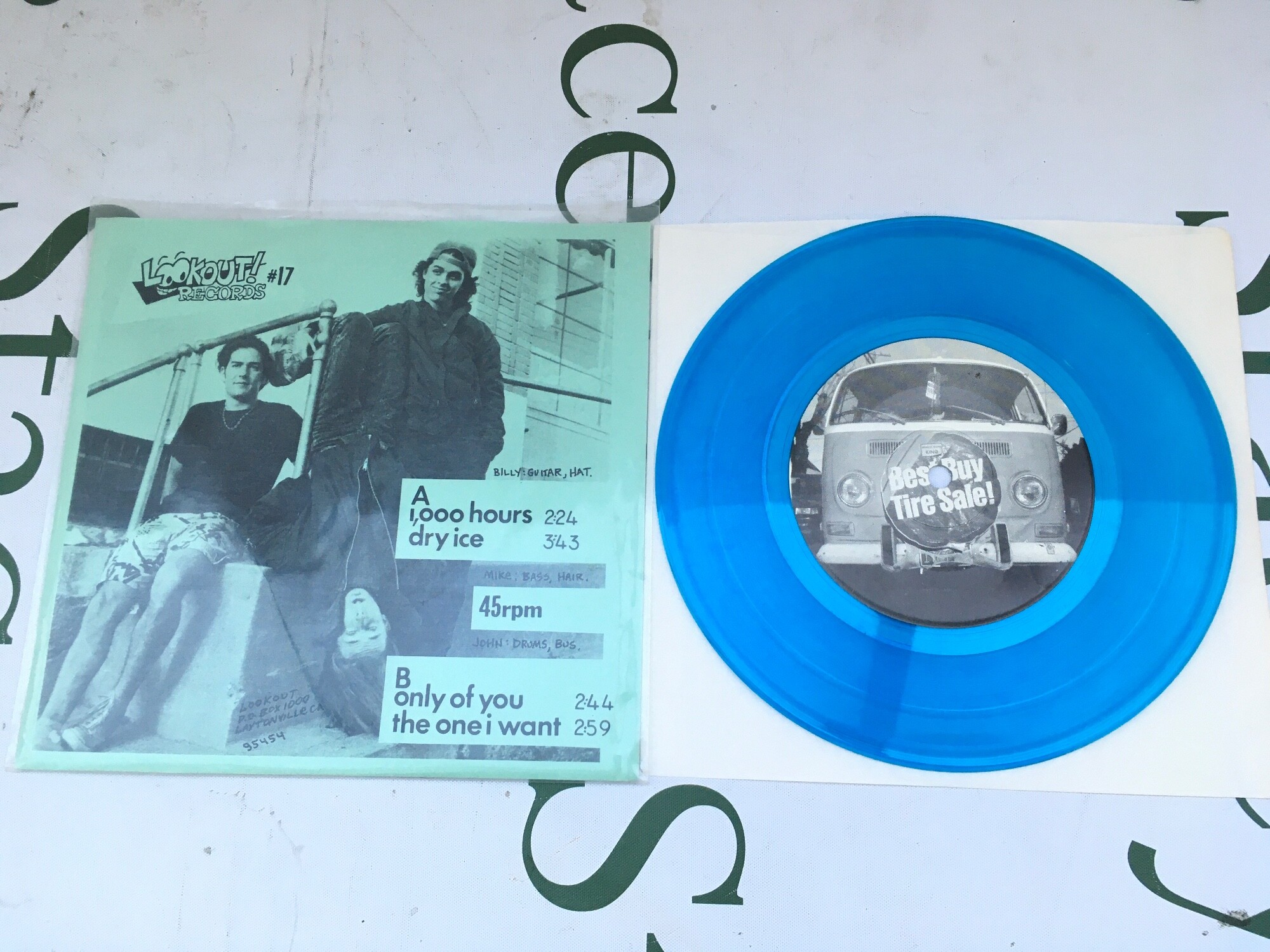 Green Day. A limited edition first US pressing of the 1000 hours EP on blue translucent vinyl with Laytonville address on cover. EX/EX.