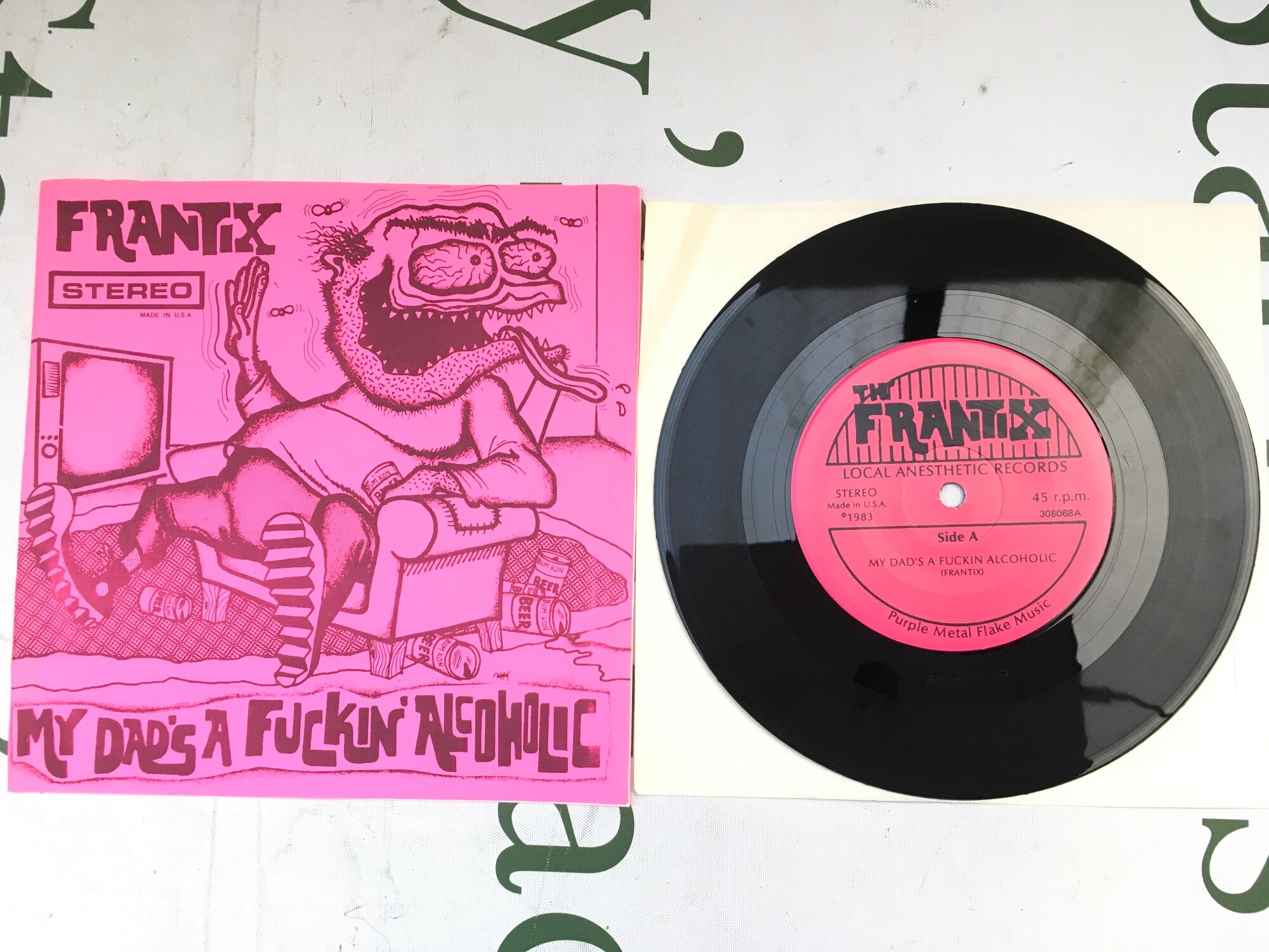 An early US pressing of 'My Dad's A F**kin Alcoholic' by Frantix with pink labels and black text. EX/EX.