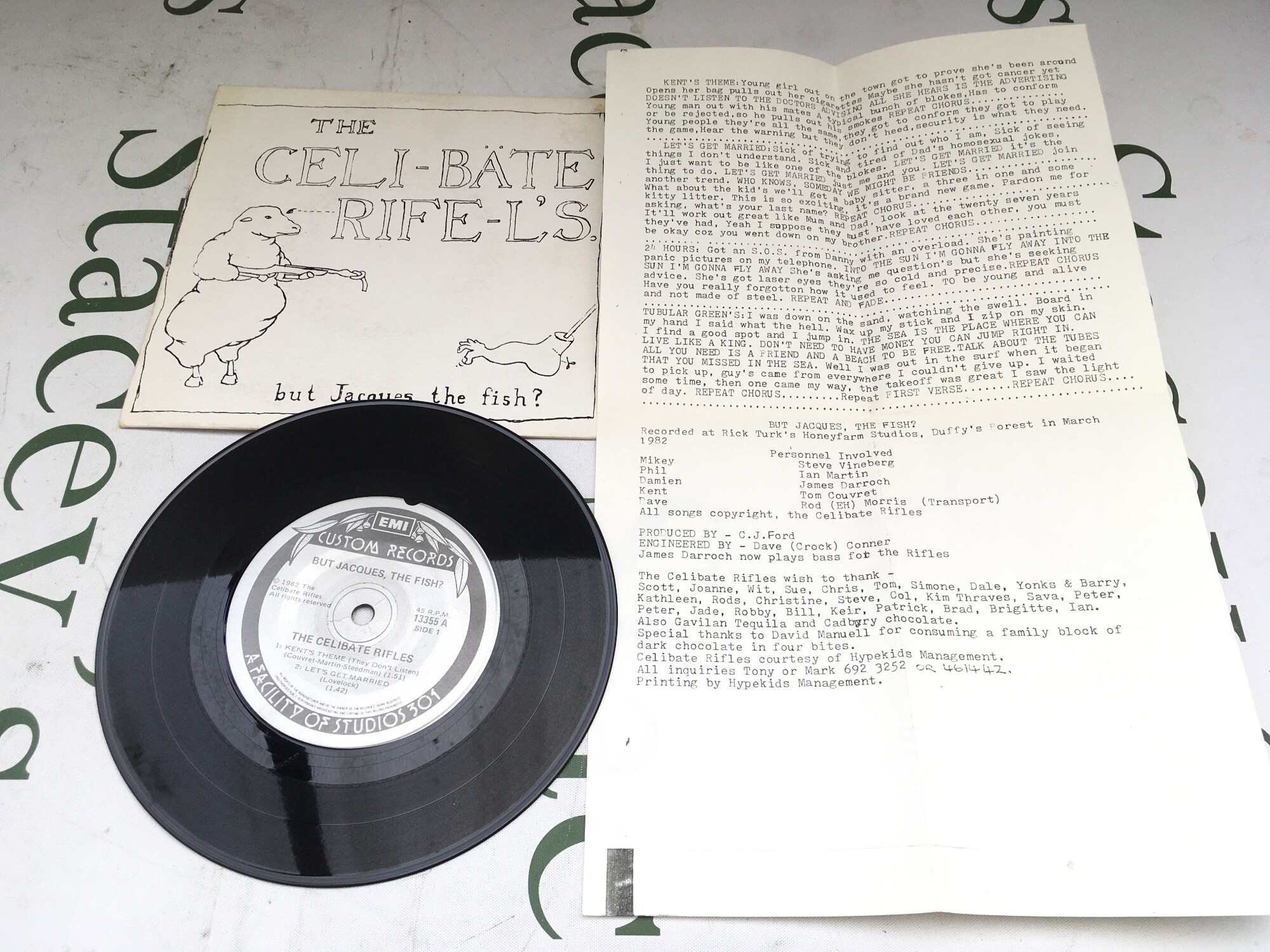 A first pressing 7" single by The Celibate Rifles of But Jacques, the fish? complete with lyric insert and on the EMI Custom Records label. EX/EX.