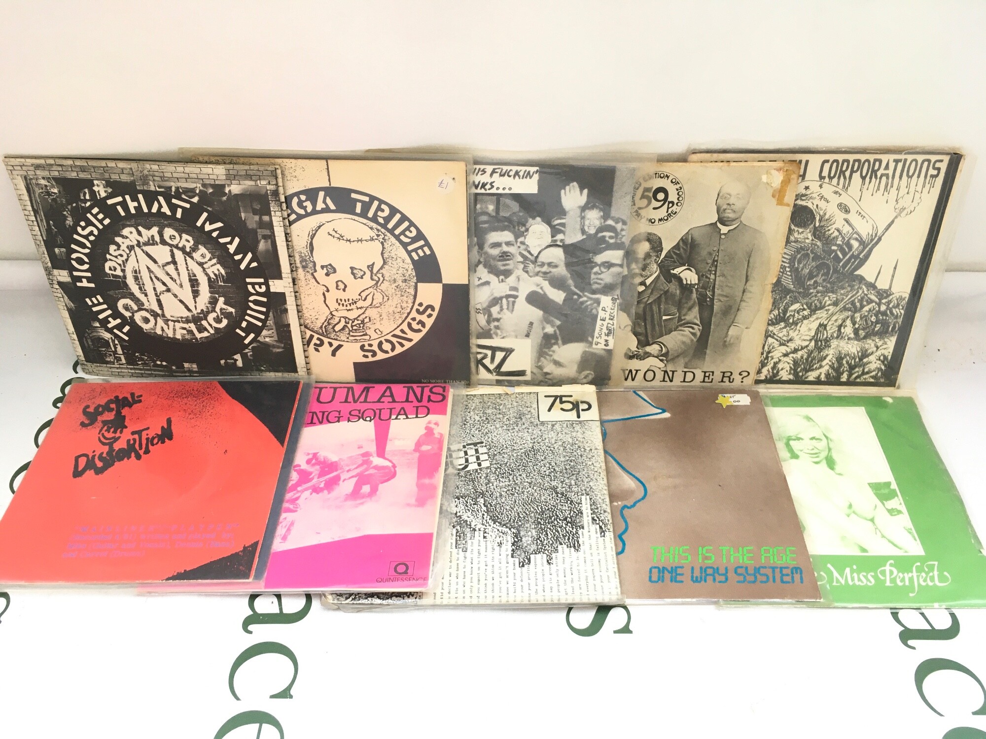 Ten punk and hardcore 7" singles by various artists including Subhumans, Small Wonder, Social Distortion and others.
