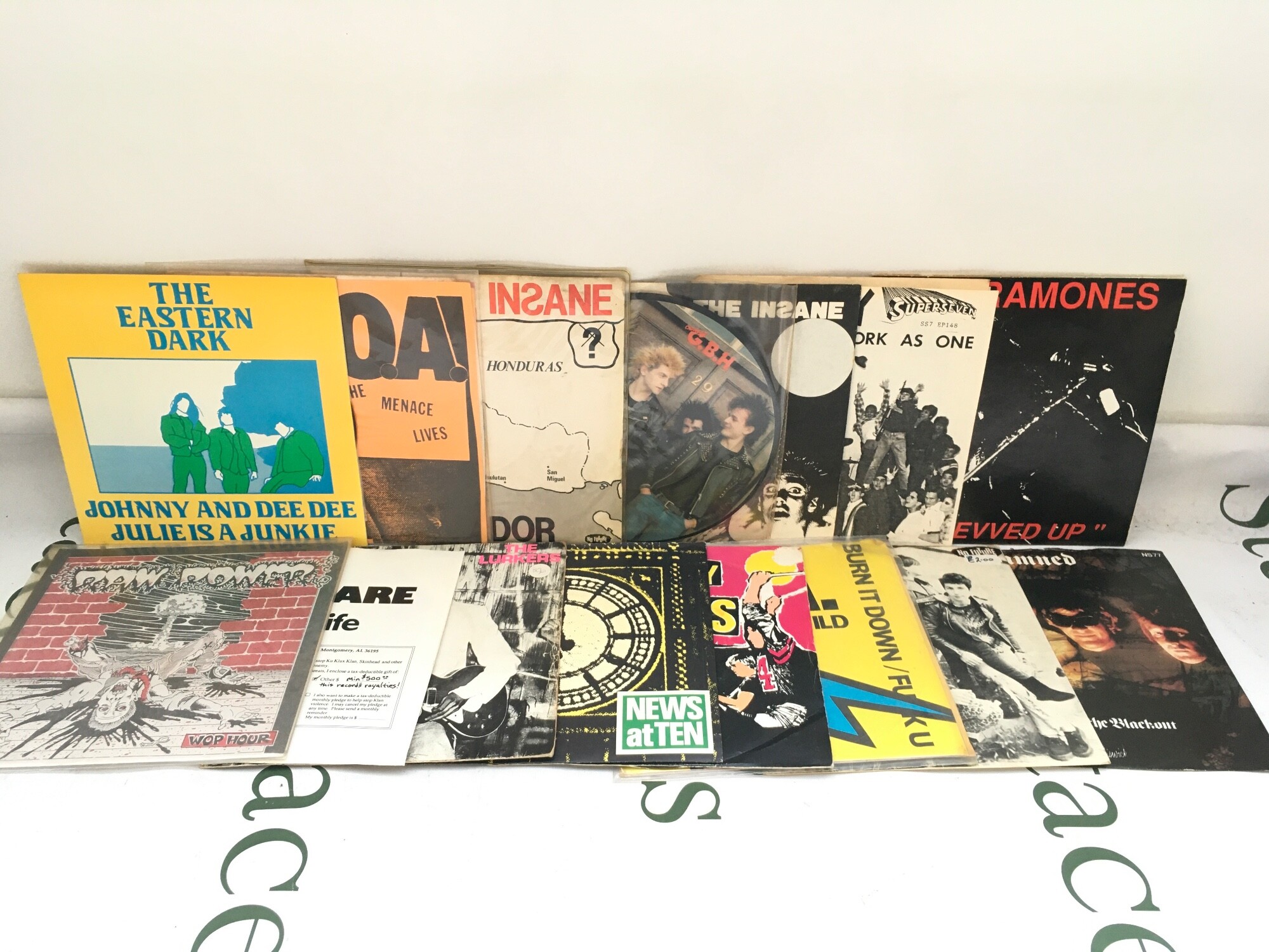 Thirty punk 7" singles by various artists including The Damned, The Insane, Slaughter & The Dogs and others.