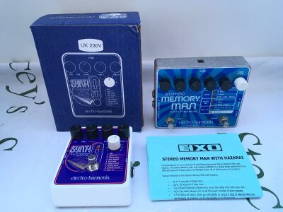 Two Electro Harmonix guitar pedals comprising a boxed Synth 9 and a Stereo Memory Man with Hazarai (has instructions but no box).
