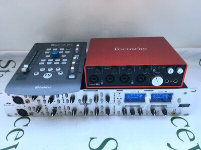 A Focusrite Scarlett 18i8 Gen 2 audio interface, a Focusrite Twin Trak Platinum Pro and a PreSonus iO Station 24c (3). Leads included.