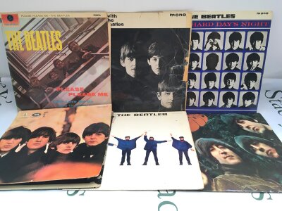Six early UK pressings of Beatles LPs comprising Please Please Me, Rubber Soul and others. Some condition issues.