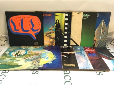 Twelve Yes and related LPs comprising Time And A Word, Fragile, Close To The Edge and others.