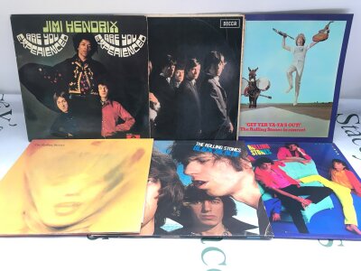 An early German pressing of the Are You Experienced LP by Jimi Hendrix, feelable scratch, plus five Rolling Stones LPs (6).