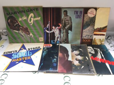 Two bags containing 20 funk and soul LPs by various artists including Marvin Gaye, Wilson Pickett, James Brown and others.