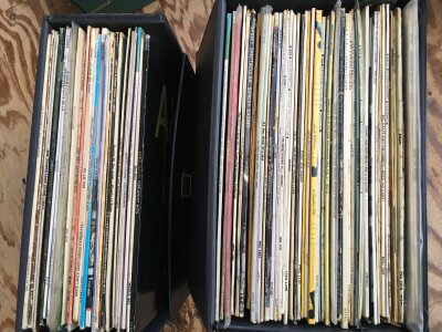 Two record cases of LPs by various artists including The Beatles, Elvis Presley, Johnny Burnette and others.